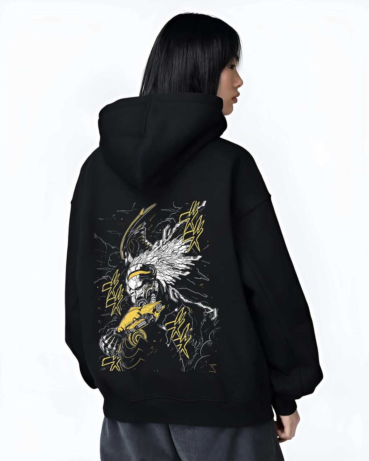 Black hoodie female model back view showing All Might from My Hero Academia: stylised heroic armour