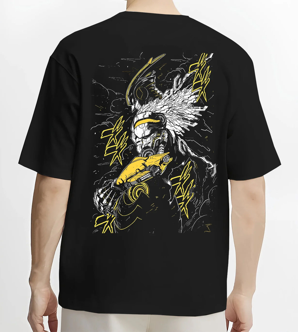 Black T-shirt model back view showing All Might from My Hero Academia: stylised heroic armour