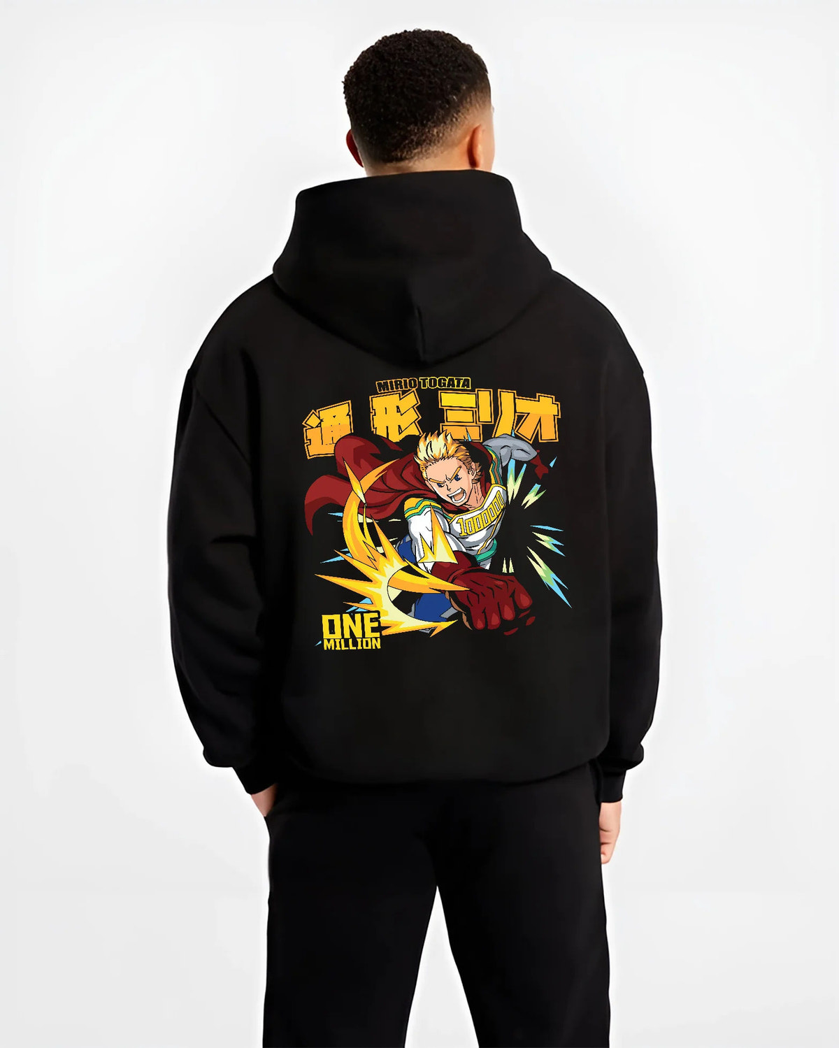 Black hoodie model back view showing All Might from My Hero Academia: One Million pose