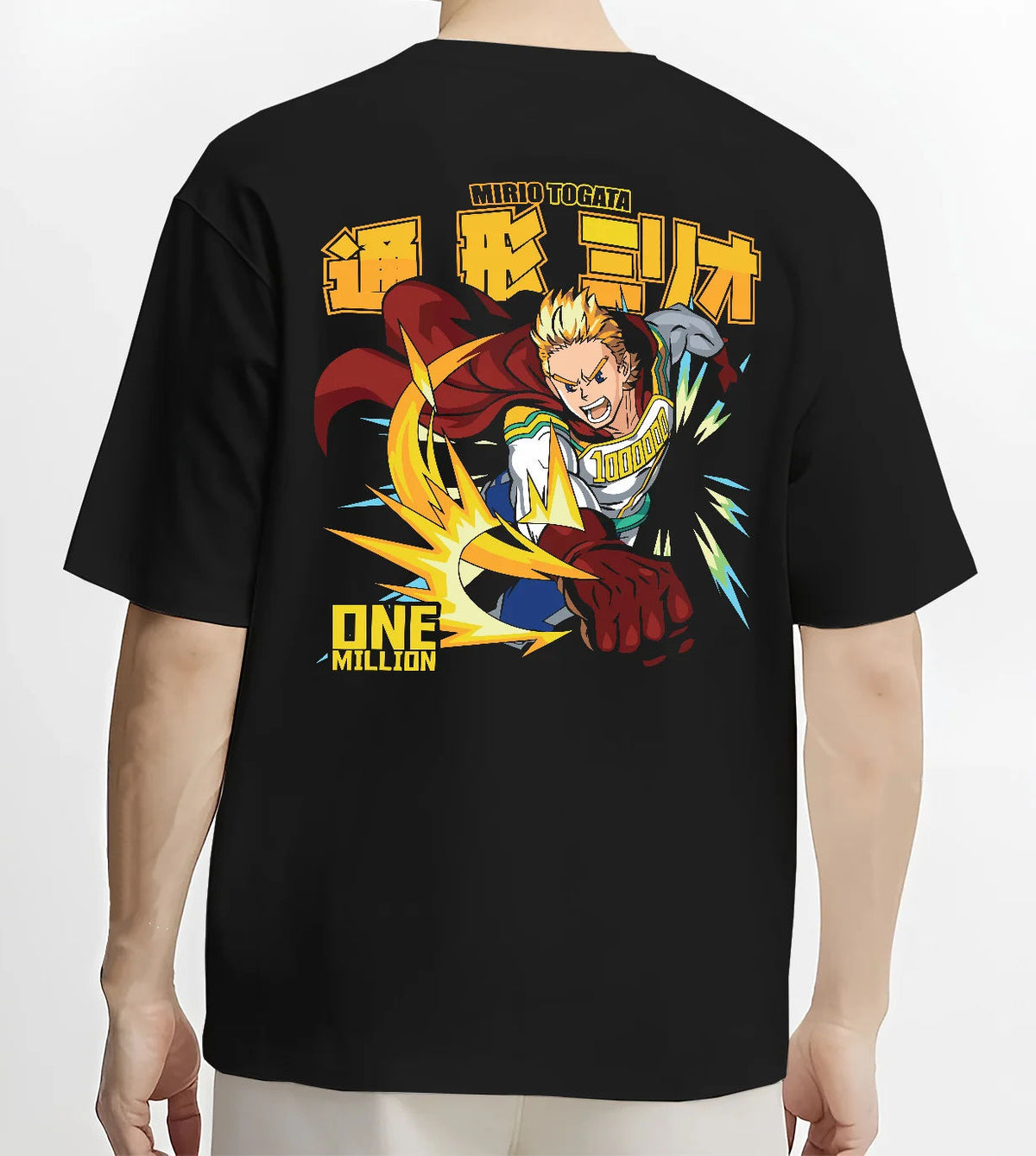 Black T-shirt model back view showing All Might from My Hero Academia: One Million pose