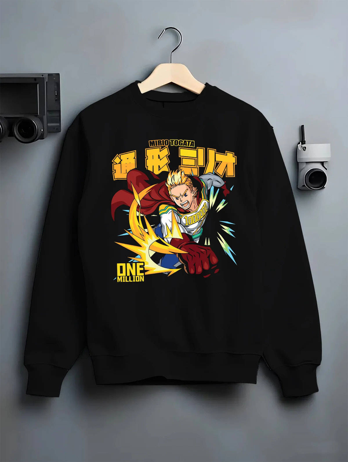 Black crewneck sweatshirt on hanger showing All Might from My Hero Academia: One Million pose