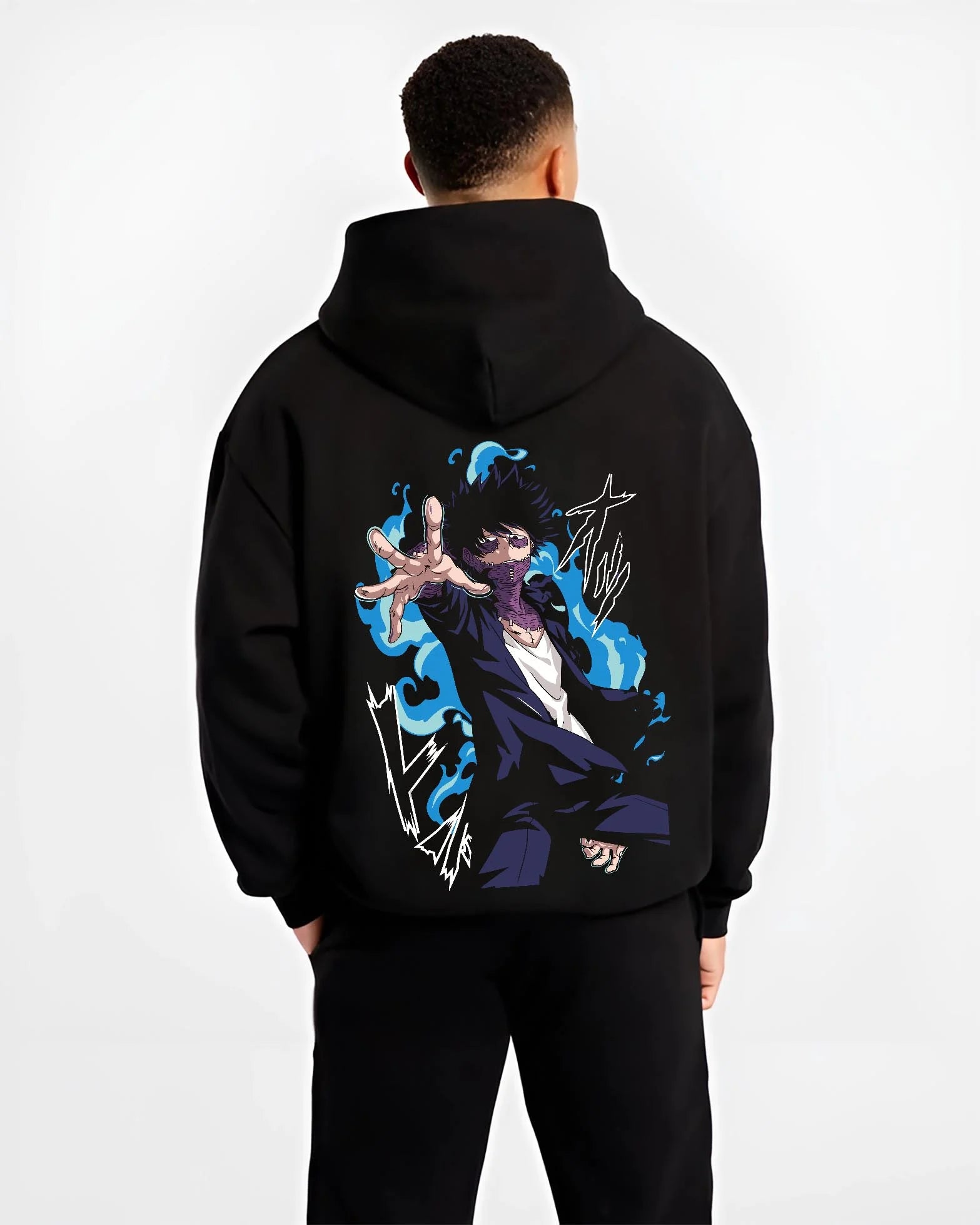 Black hoodie worn by male model, back view with My Hero Academia All Might Hoodie Muscle Form Jumper graphic premium wear.