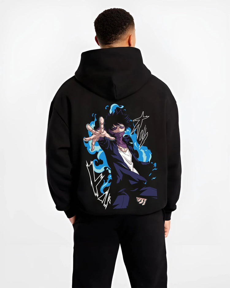 Black hoodie worn by male model, back view with My Hero Academia All Might Hoodie Muscle Form Jumper graphic premium wear.