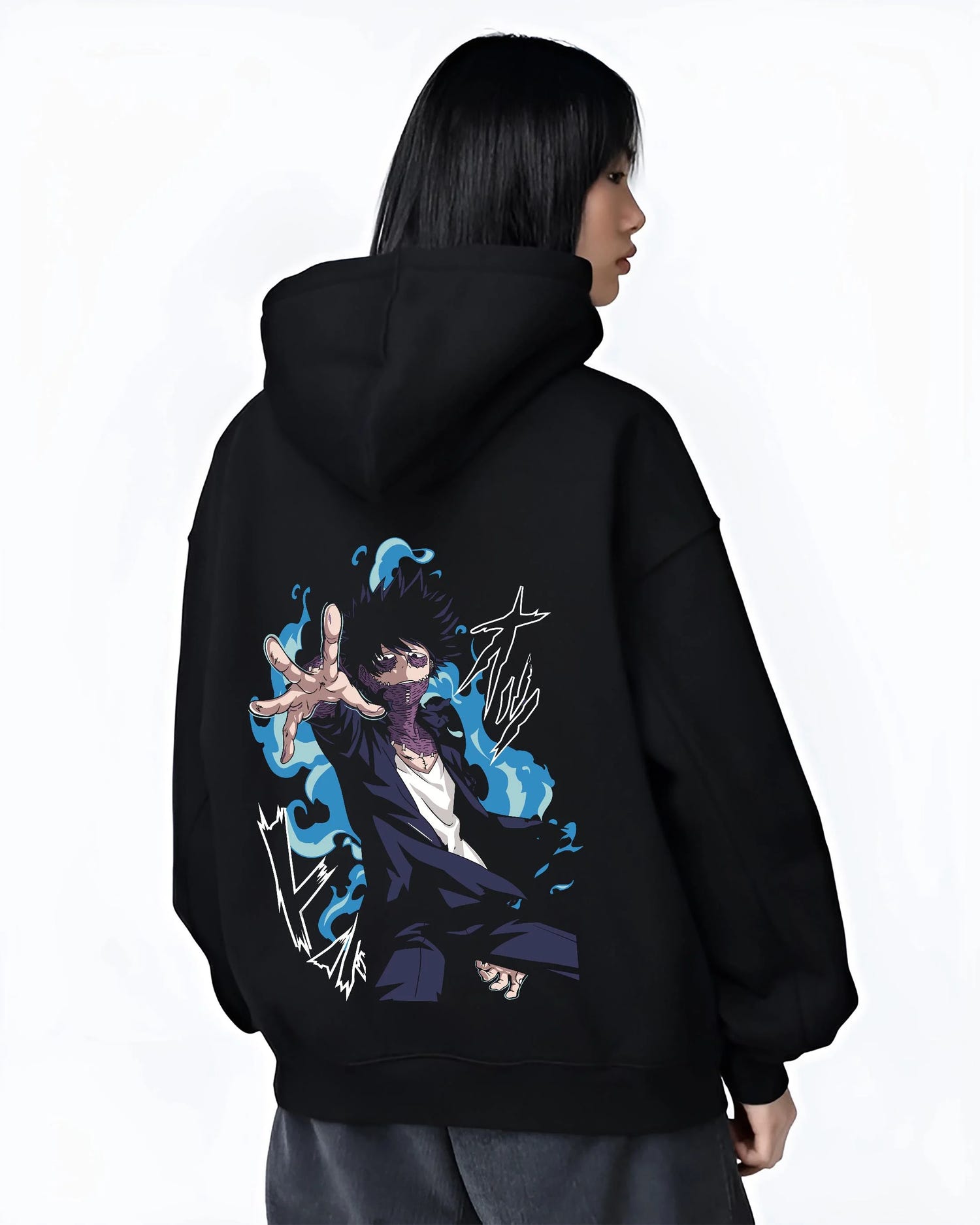 Black hoodie worn by female model, back view with My Hero Academia All Might Hoodie Muscle Form Jumper graphic streetwear graphic.