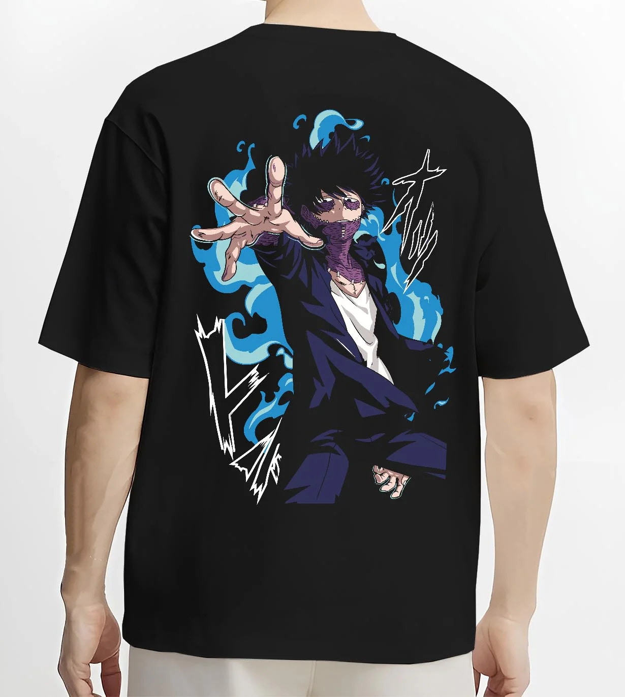 Black T-shirt worn by male model, back view with My Hero Academia All Might Hoodie Muscle Form Jumper graphic bold anime graphic.