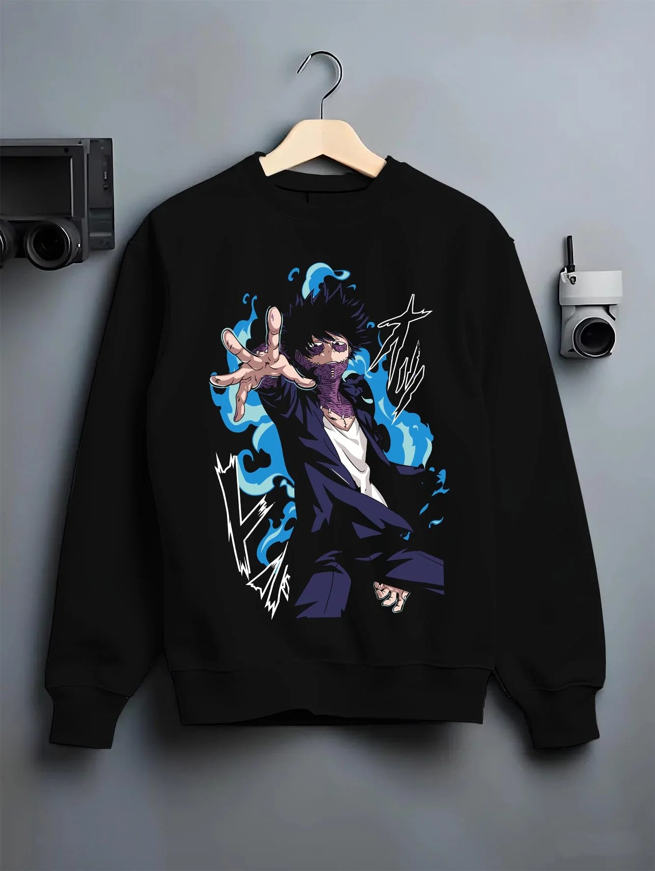 Black crewneck sweatshirt on hanger with My Hero Academia All Might Hoodie Muscle Form Jumper graphic streetwear graphic.