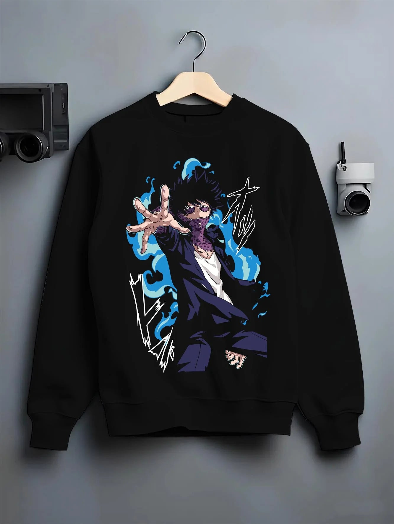 Black crewneck sweatshirt on hanger with My Hero Academia All Might Hoodie Muscle Form Jumper graphic streetwear graphic.