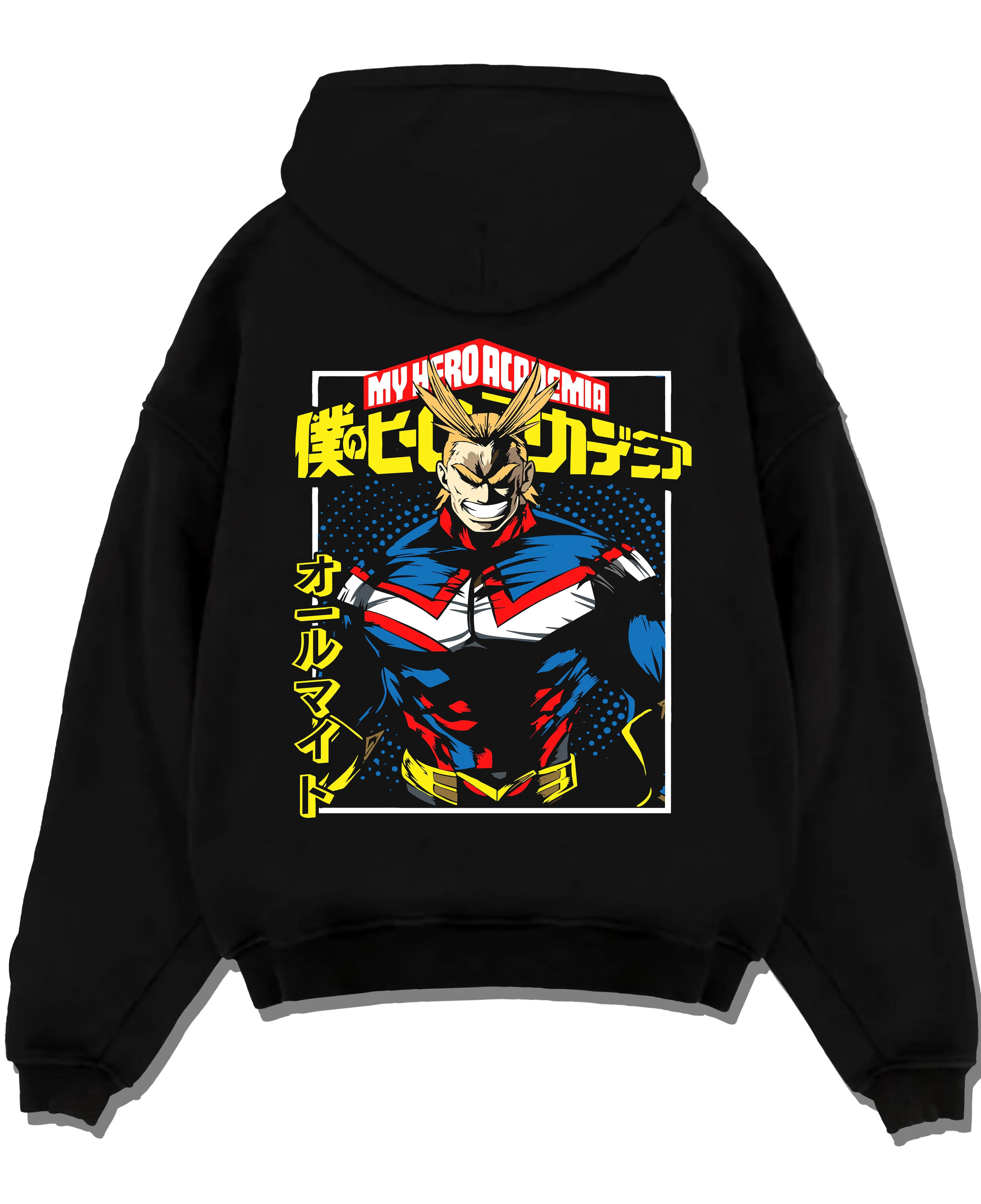 Black pullover hoodie laid flat with All Might Hero Hoodie My Hero Academia Plus Ultra Bold graphic premium wear.