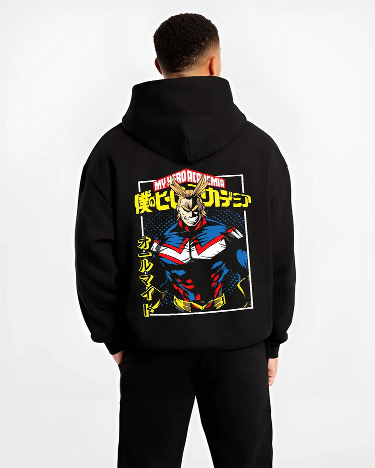 Black hoodie worn by male model, back view with All Might Hero Hoodie My Hero Academia Plus Ultra Bold graphic streetwear graphic.