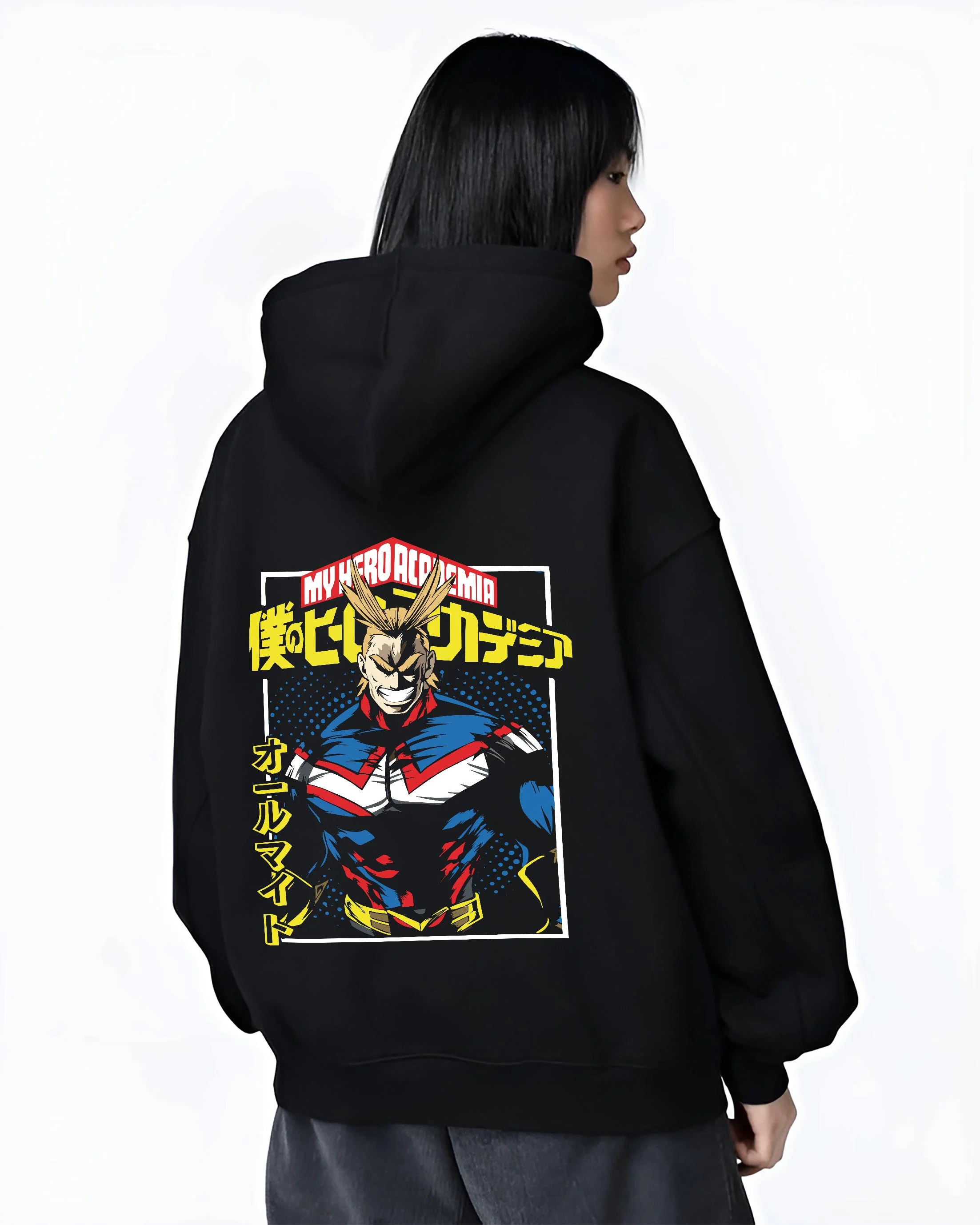Black hoodie worn by female model, back view with All Might Hero Hoodie My Hero Academia Plus Ultra Bold graphic streetwear graphic.