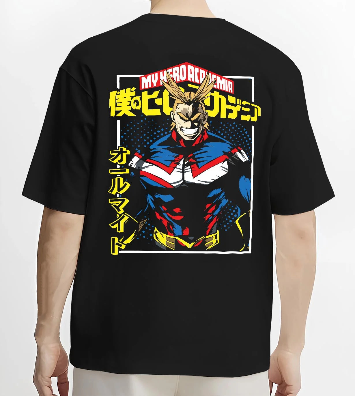Black T-shirt worn by male model, back view with All Might Hero Hoodie My Hero Academia Plus Ultra Bold graphic bold anime graphic.