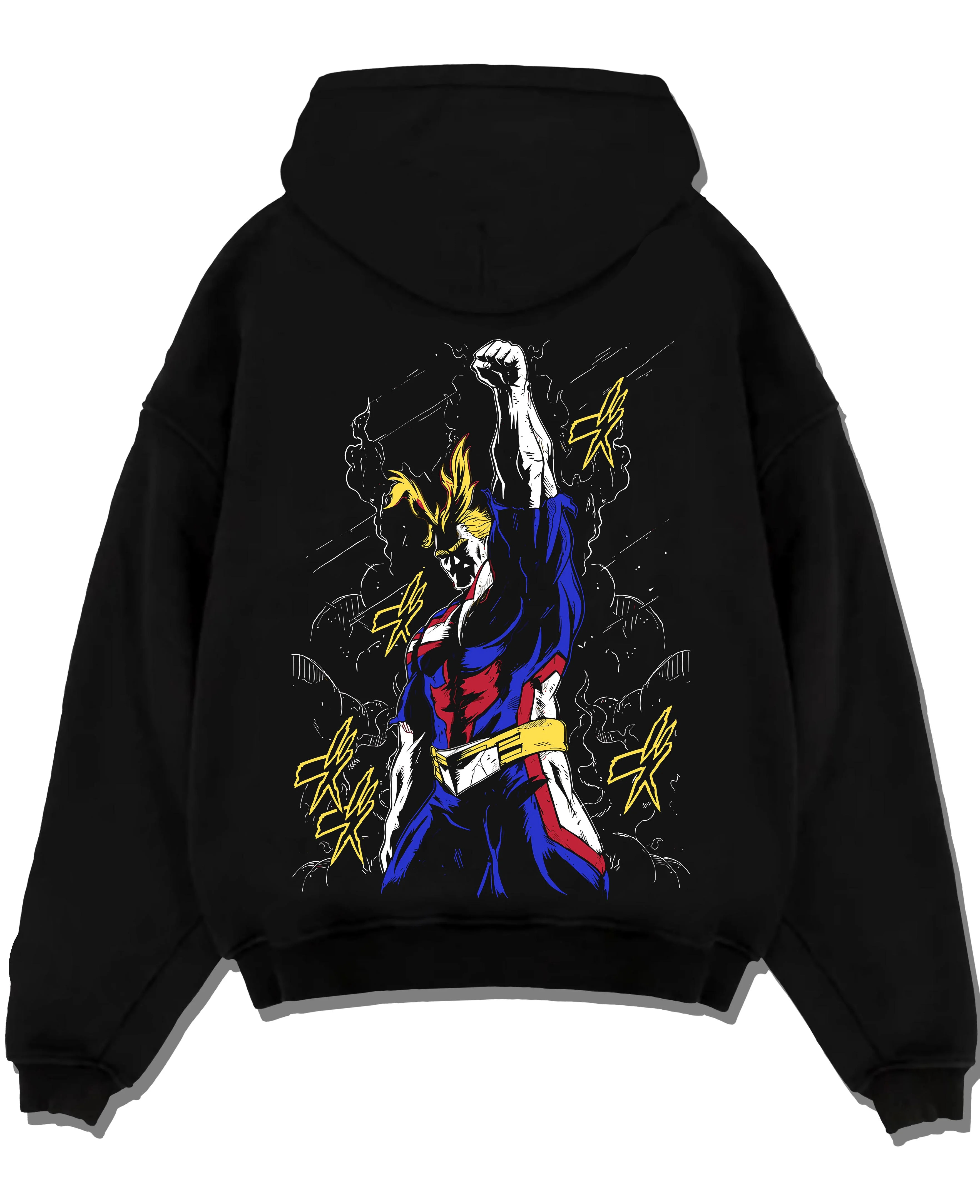 Black pullover hoodie laid flat with All Might Power Hoodie My Hero Academia Lightning Pose graphic premium wear.
