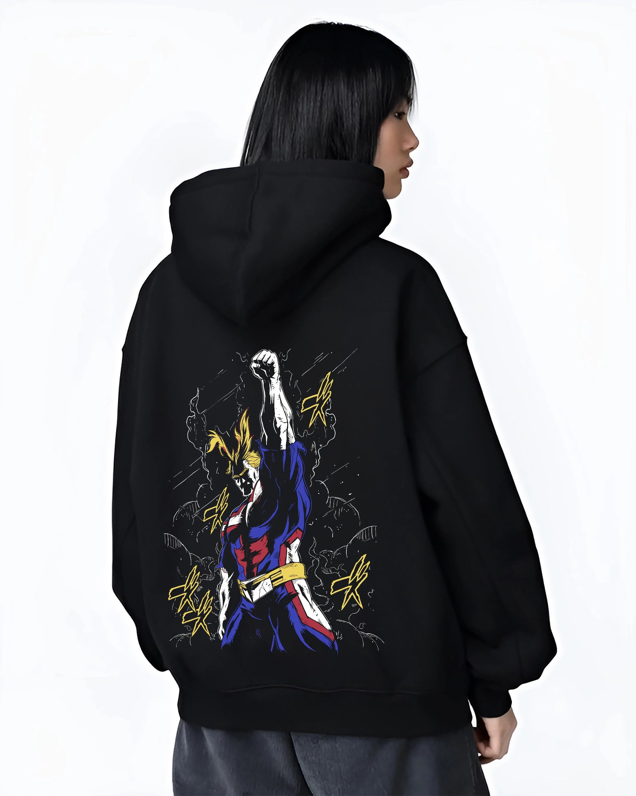 Black hoodie worn by female model, back view with All Might Power Hoodie My Hero Academia Lightning Pose graphic bold anime graphic.