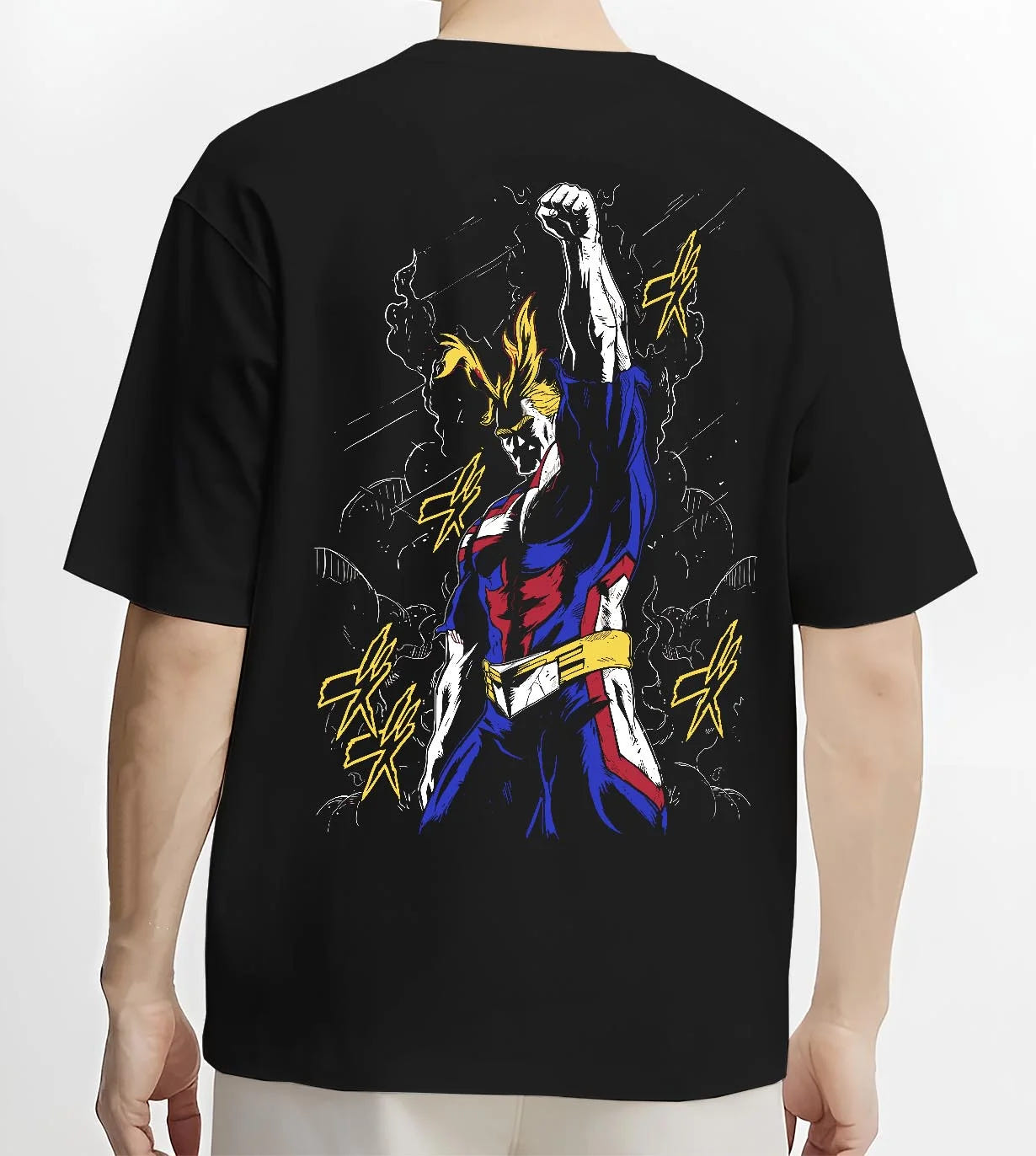Black T-shirt worn by male model, back view with All Might Power Hoodie My Hero Academia Lightning Pose graphic bold anime graphic.