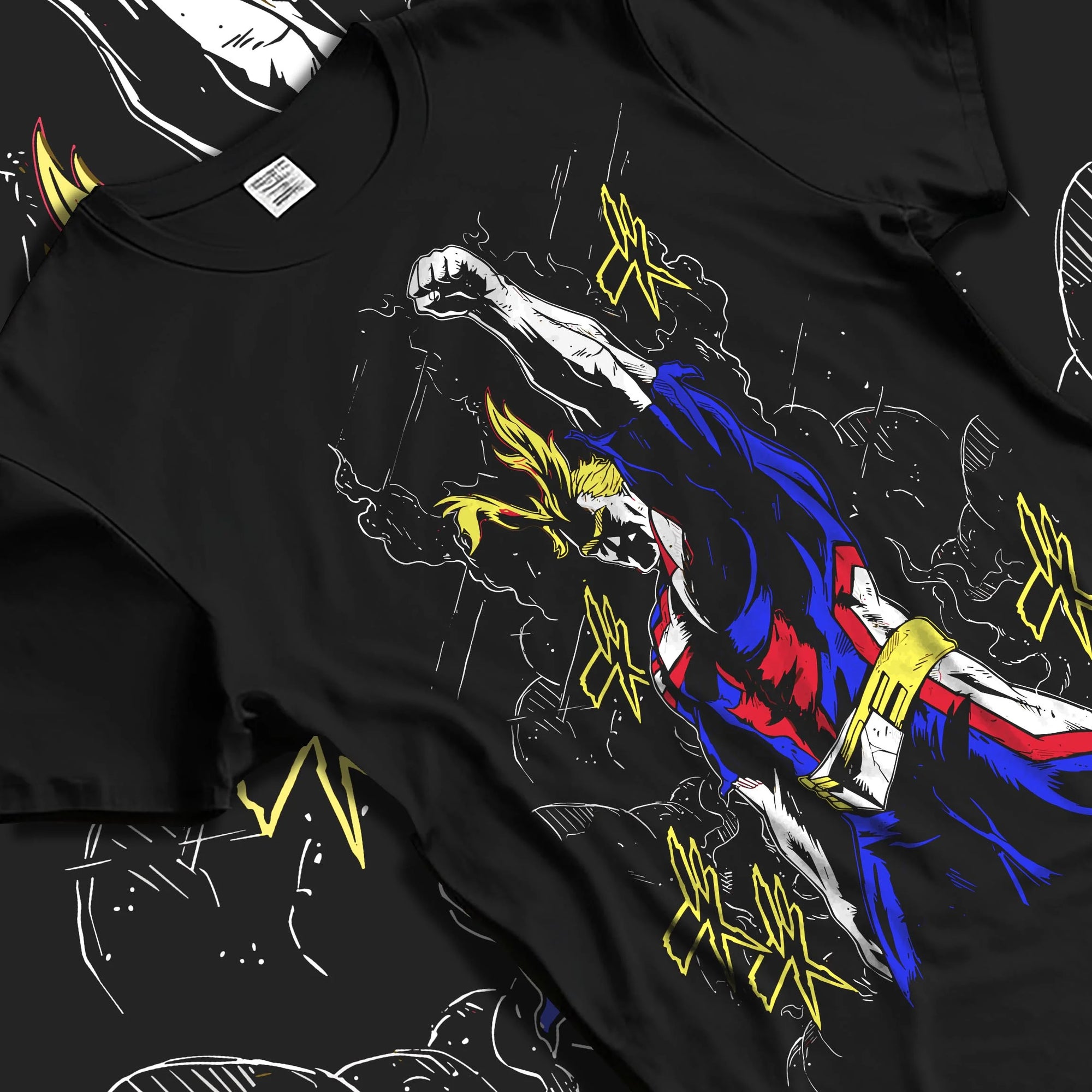 Black T-shirt laid flat with natural folds with All Might Power Hoodie My Hero Academia Lightning Pose graphic streetwear graphic.