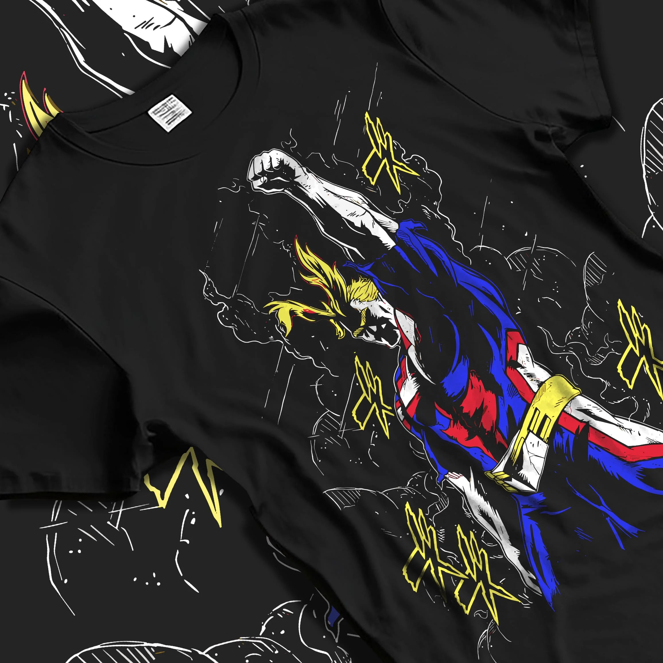 Black T-shirt laid flat with natural folds with All Might Power Hoodie My Hero Academia Lightning Pose graphic streetwear graphic.