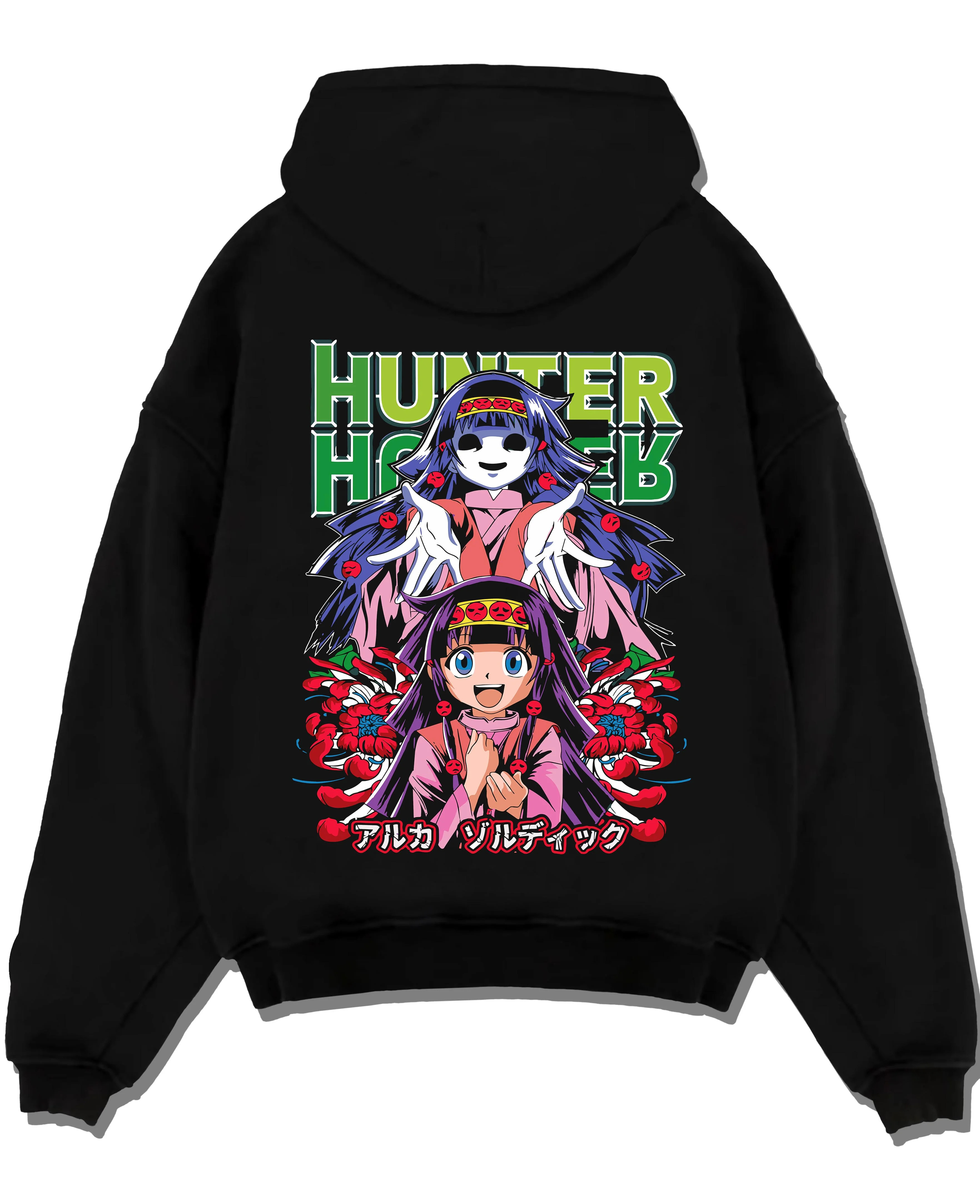 Black pullover hoodie laid flat with Alluka Hoodie Hunter x Hunter Zoldyck Family Dark Print graphic premium wear.