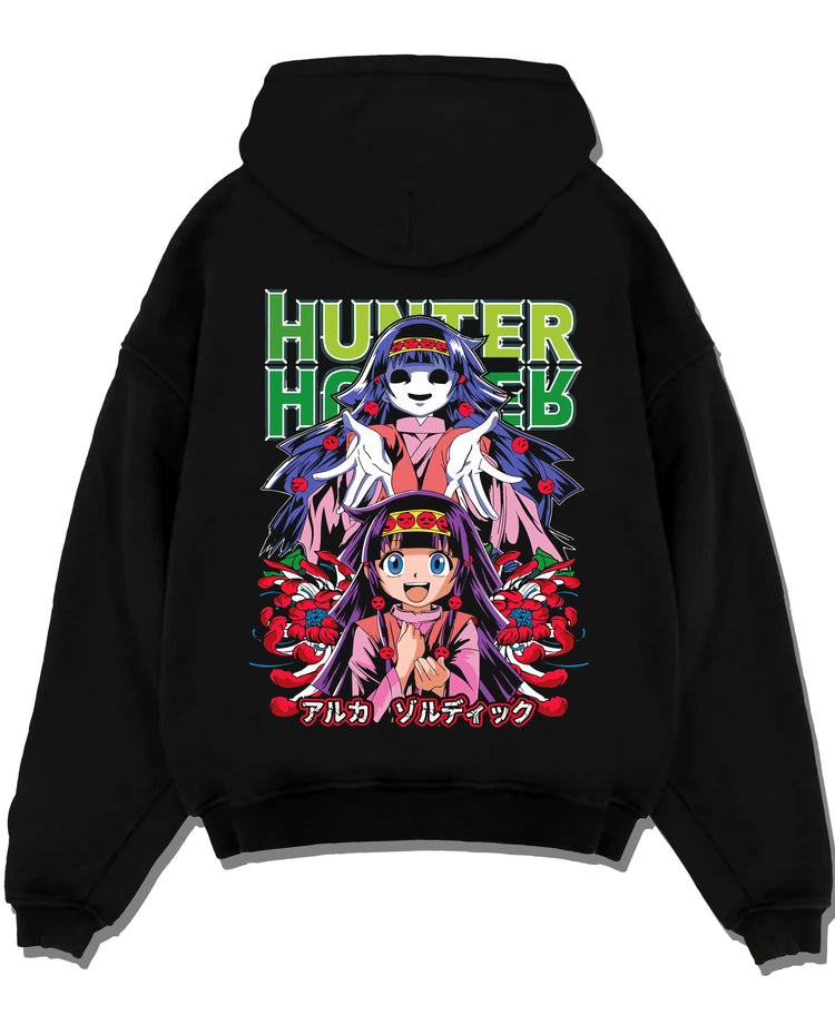 Black pullover hoodie laid flat with Alluka Hoodie Hunter x Hunter Zoldyck Family Dark Print graphic premium wear.
