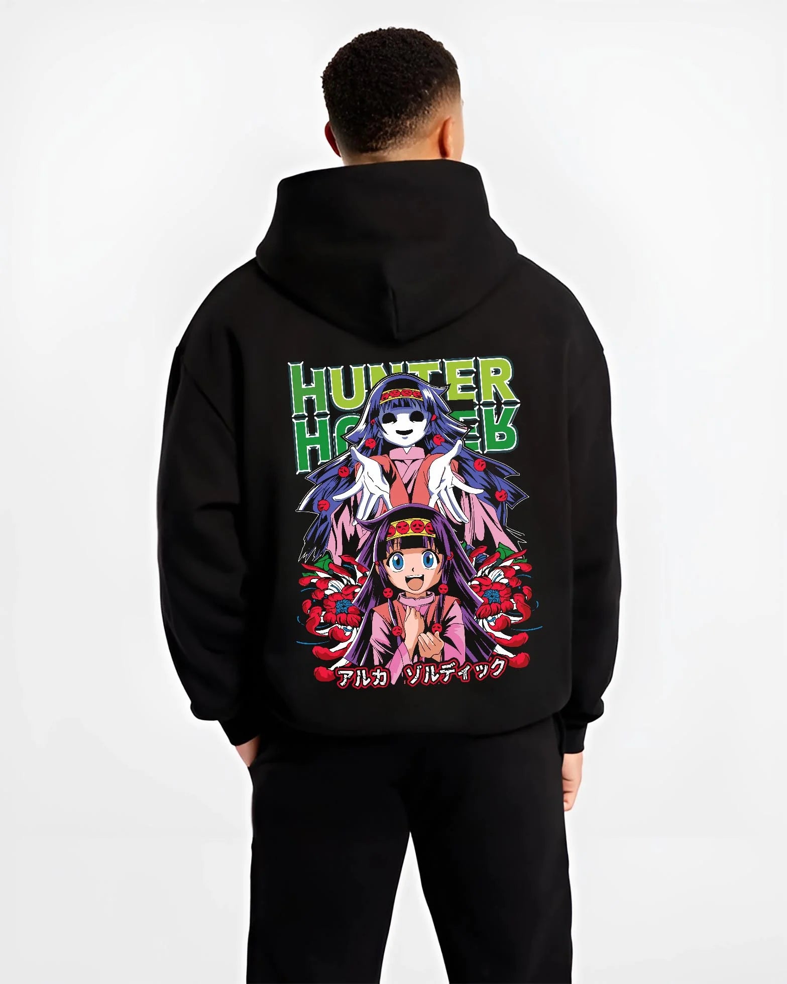 Black hoodie worn by male model, back view with Alluka Hoodie Hunter x Hunter Zoldyck Family Dark Print graphic bold anime graphic.