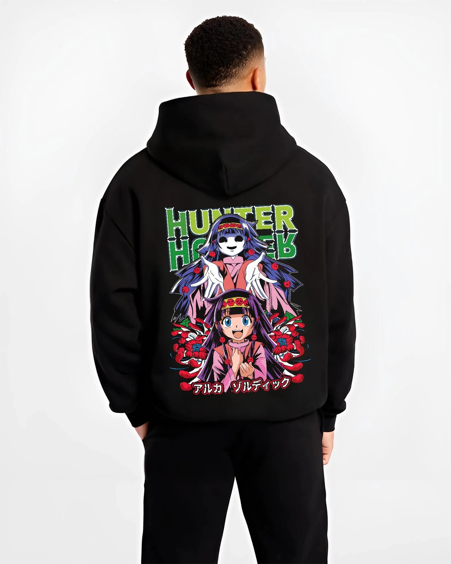 Black hoodie worn by male model, back view with Alluka Hoodie Hunter x Hunter Zoldyck Family Dark Print graphic bold anime graphic.