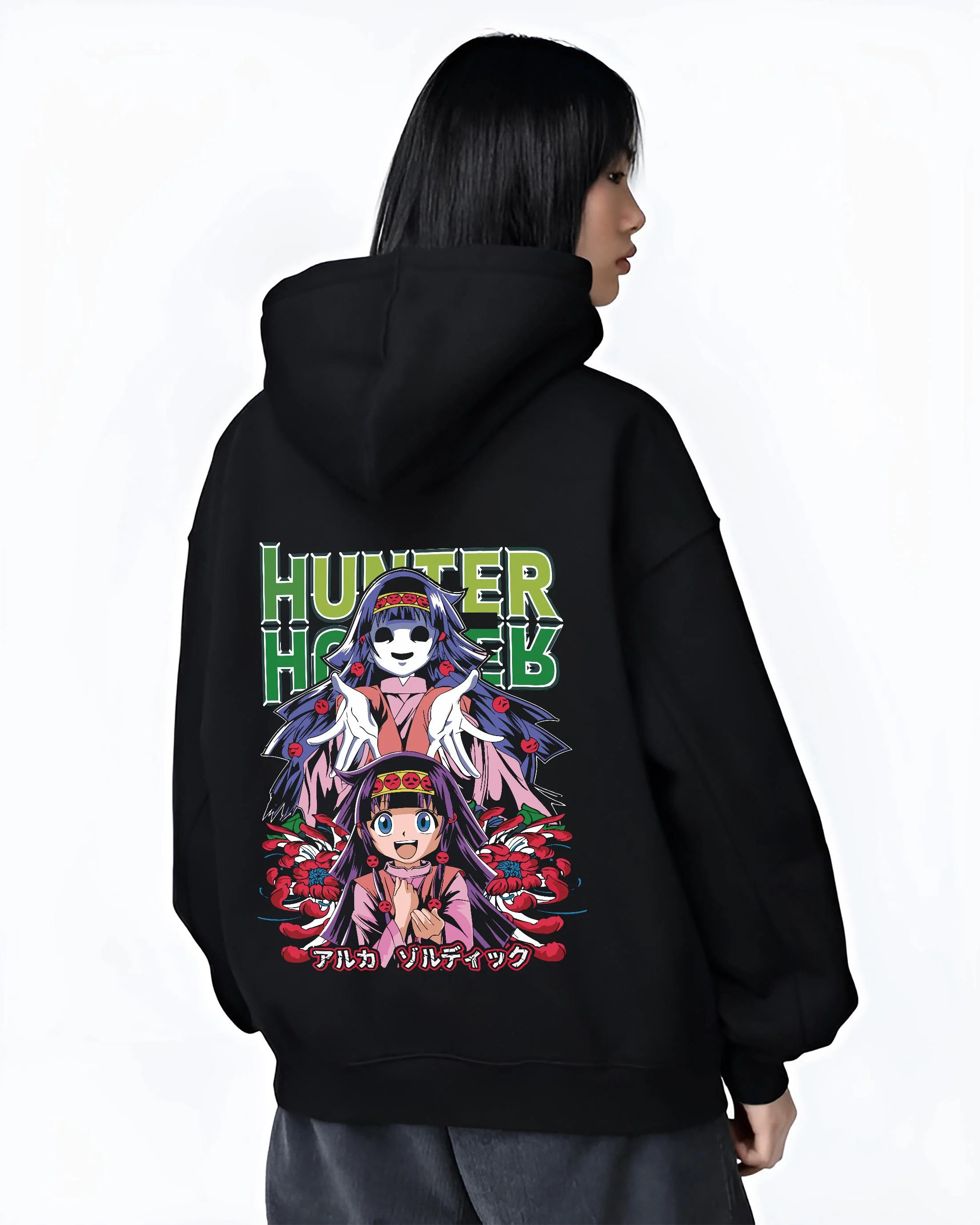 Black hoodie worn by female model, back view with Alluka Hoodie Hunter x Hunter Zoldyck Family Dark Print graphic bold anime graphic.