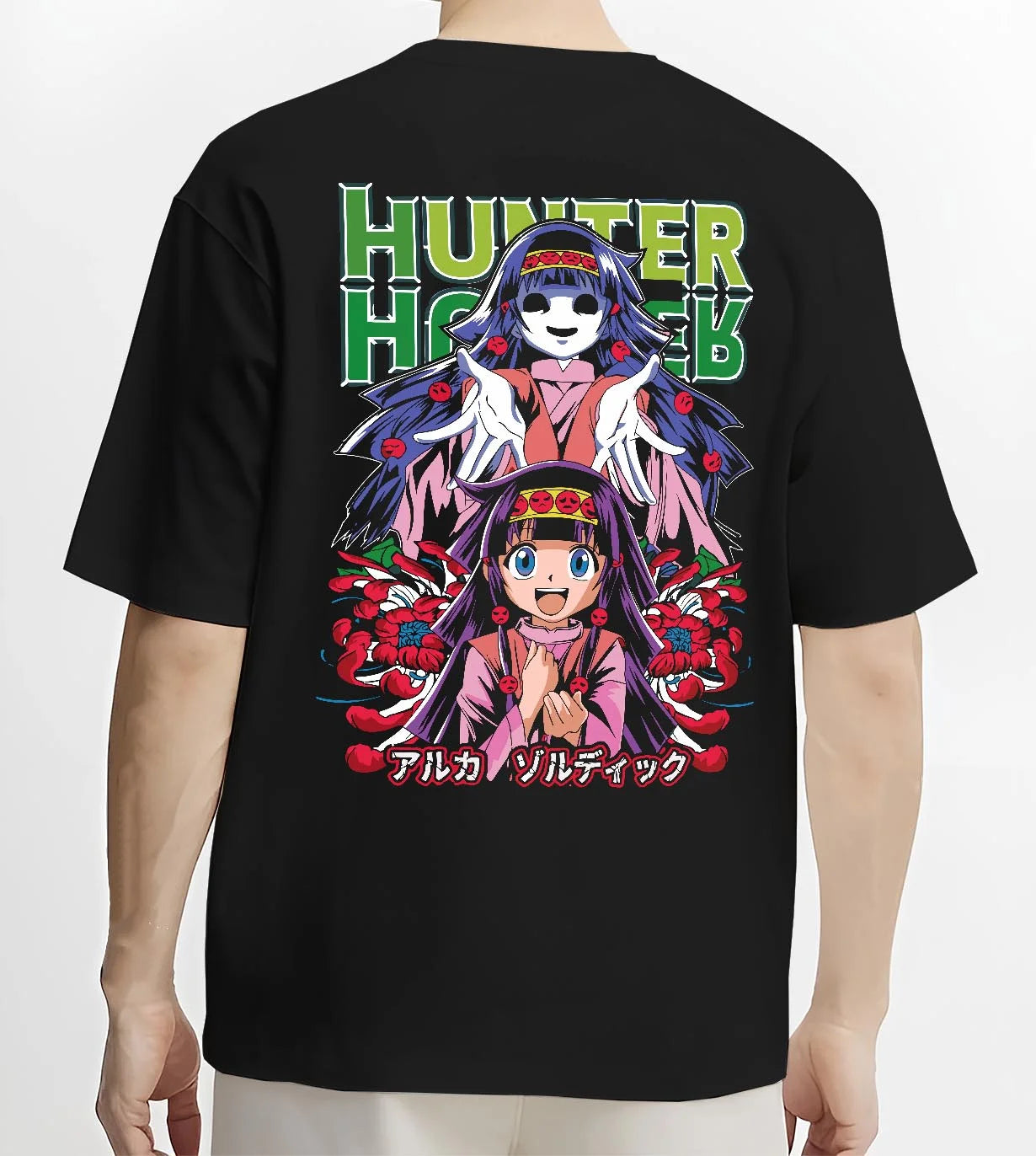 Black T-shirt worn by male model, back view with Alluka Hoodie Hunter x Hunter Zoldyck Family Dark Print graphic bold anime graphic.