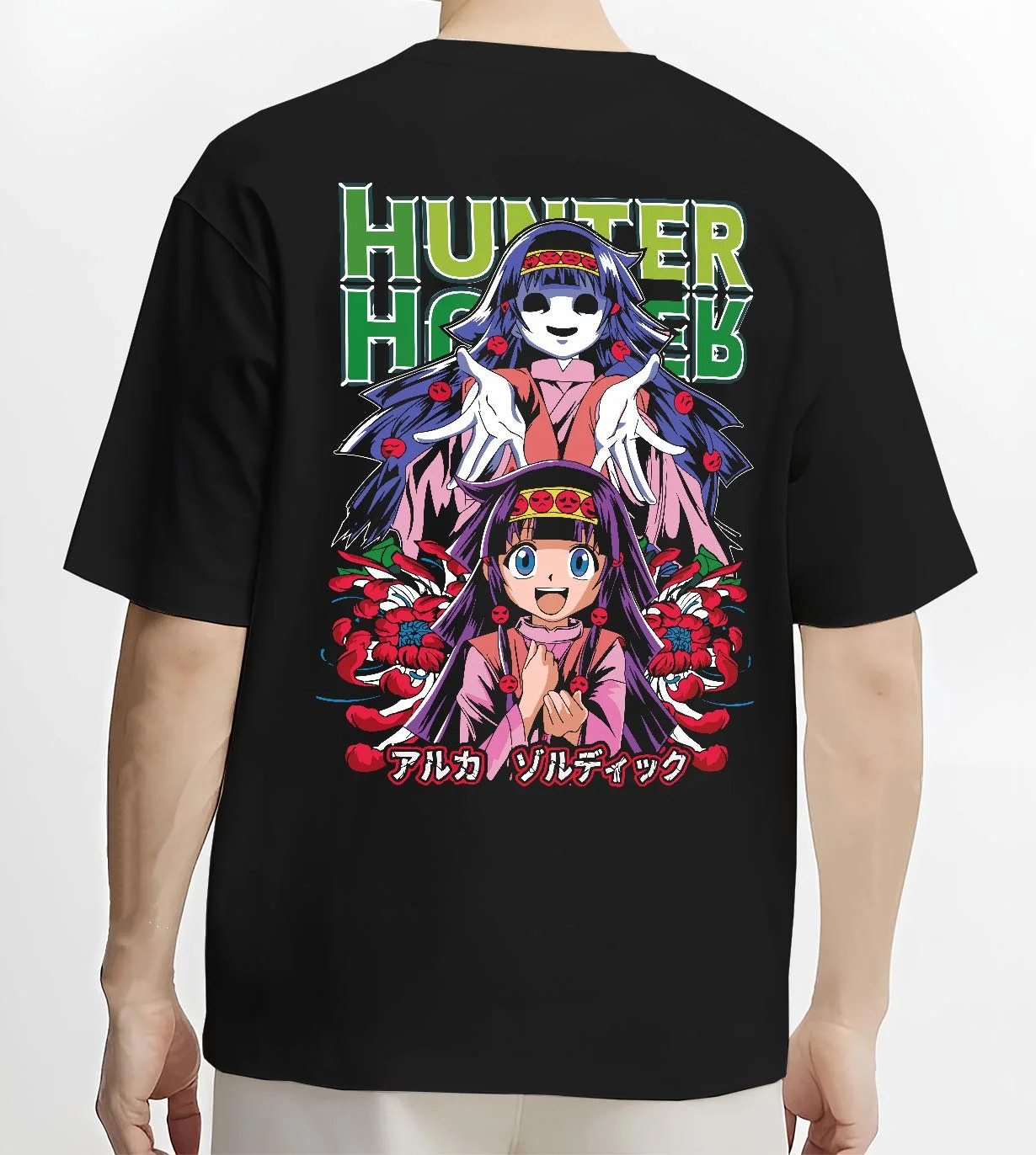 Black T-shirt worn by male model, back view with Alluka Hoodie Hunter x Hunter Zoldyck Family Dark Print graphic bold anime graphic.