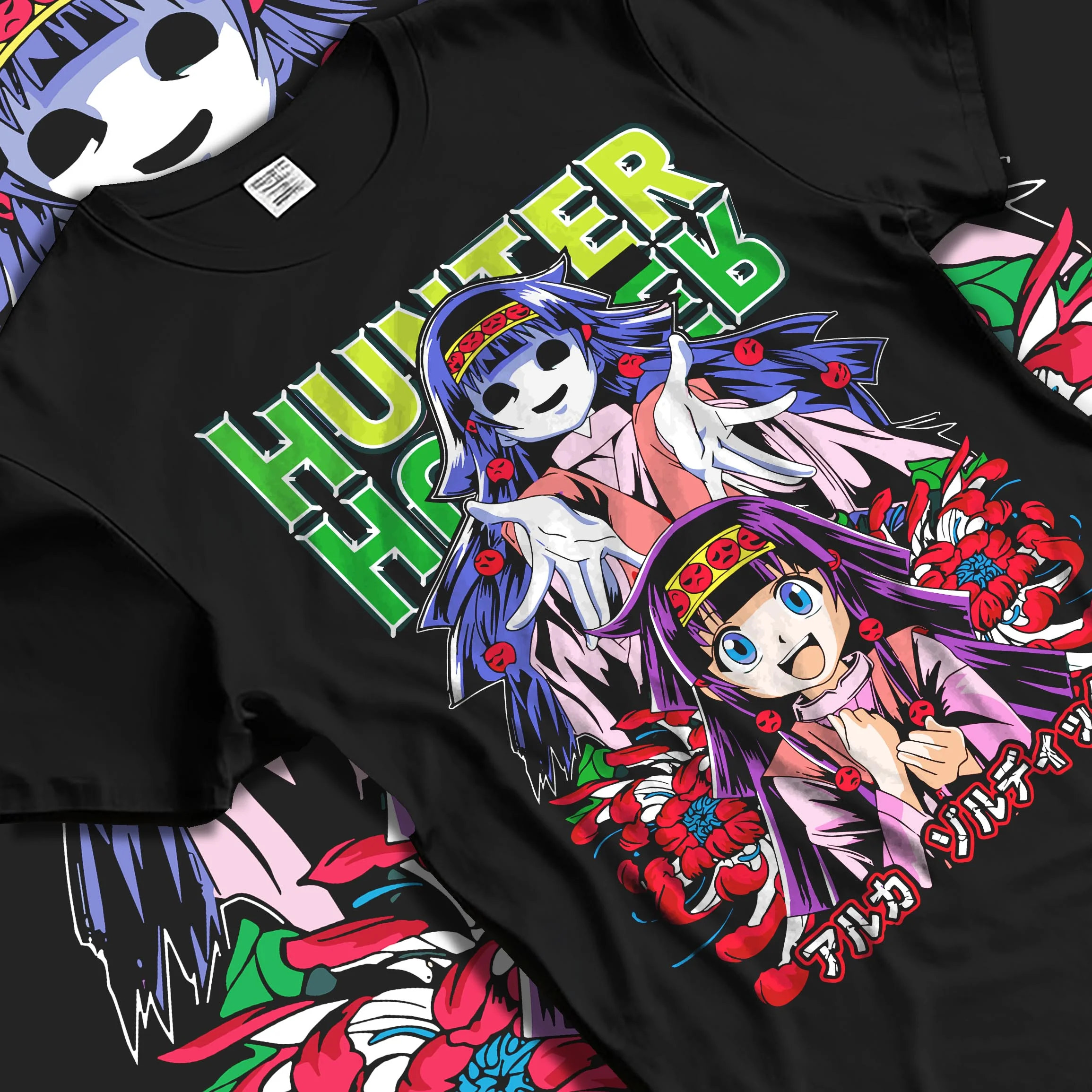 Black T-shirt laid flat with natural folds with Alluka Hoodie Hunter x Hunter Zoldyck Family Dark Print graphic streetwear graphic.