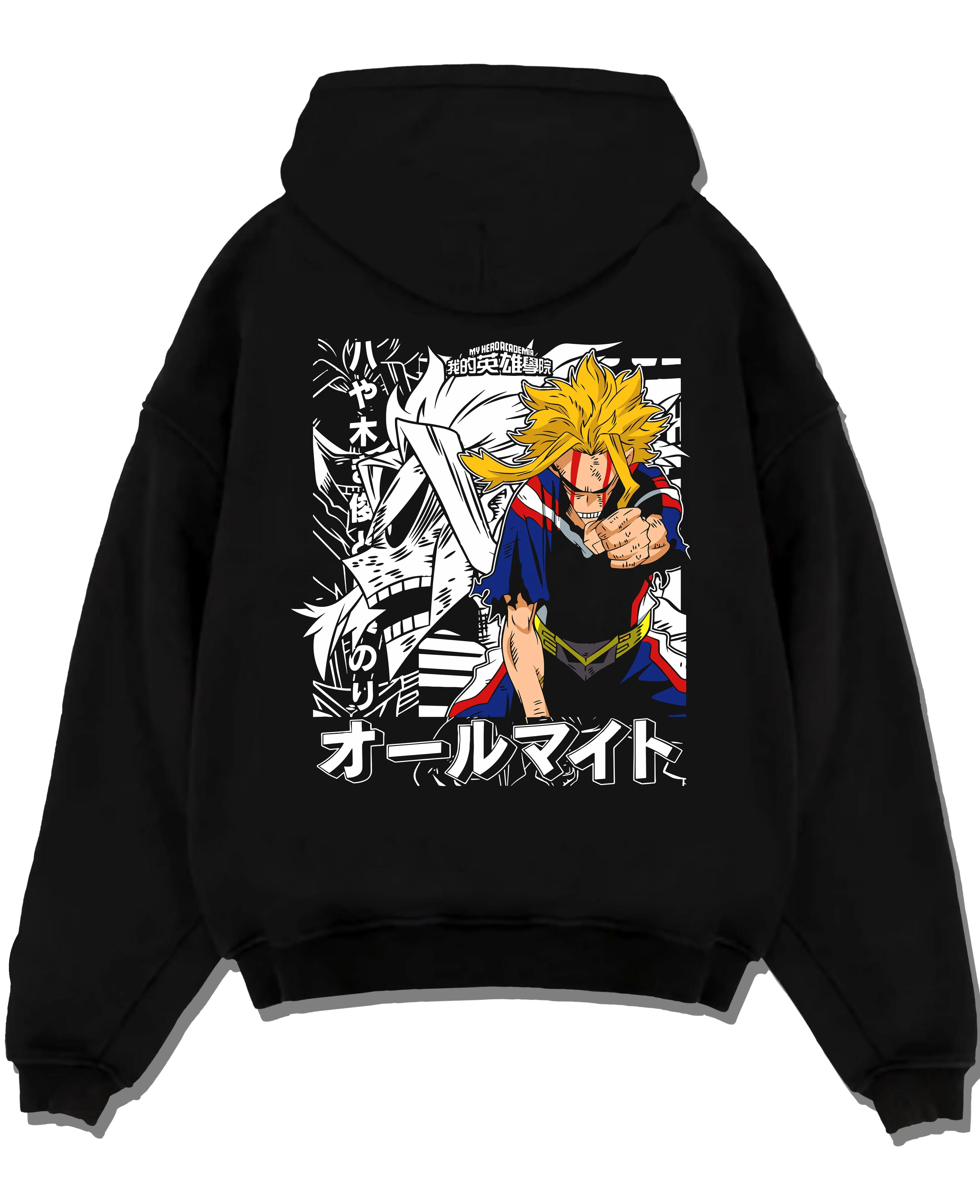 Black pullover hoodie laid flat with All Might Crossover Hoodie Dragon Ball Z x Hero Fusion graphic streetwear graphic.