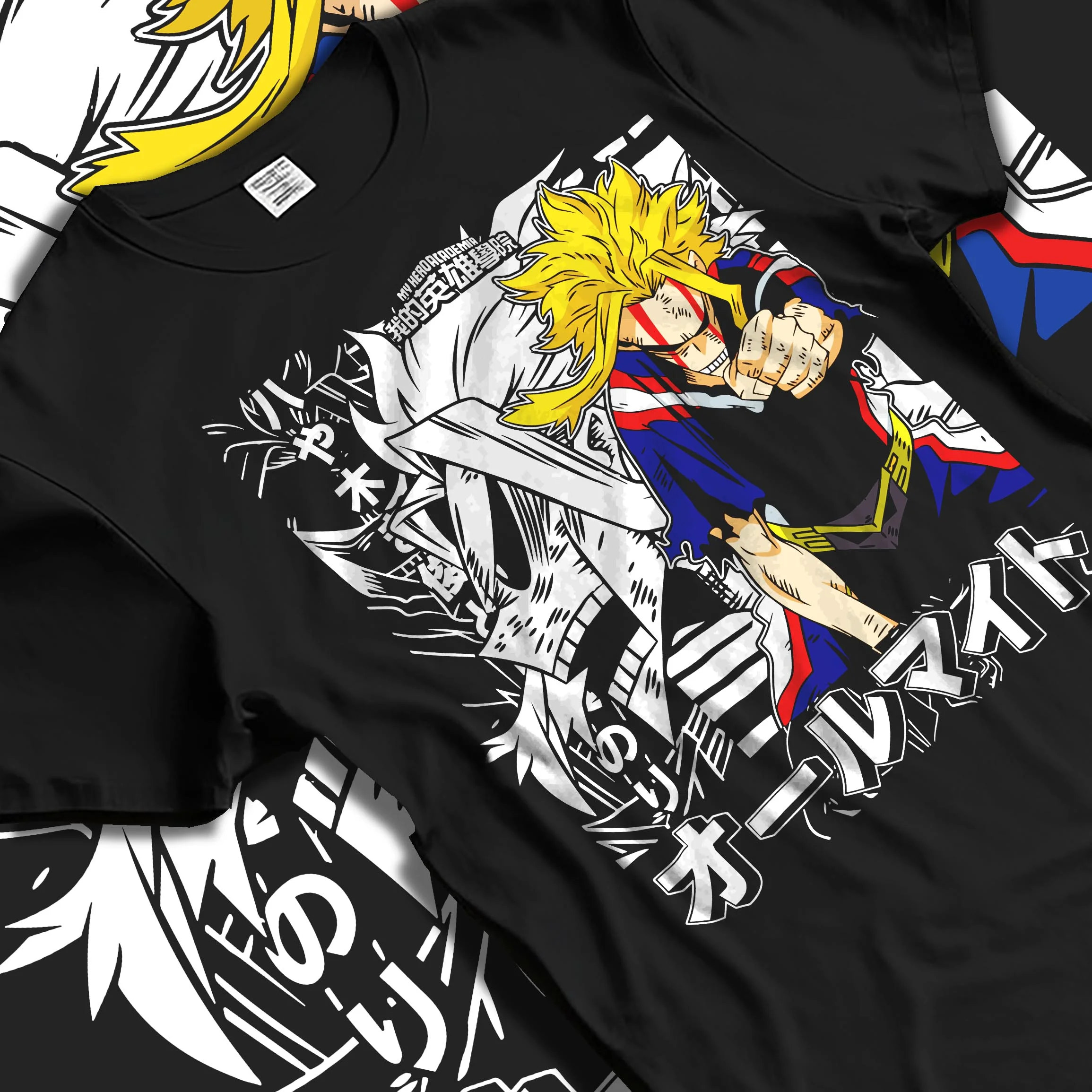 Black T-shirt laid flat with natural folds with All Might Crossover Hoodie Dragon Ball Z x Hero Fusion graphic streetwear graphic.