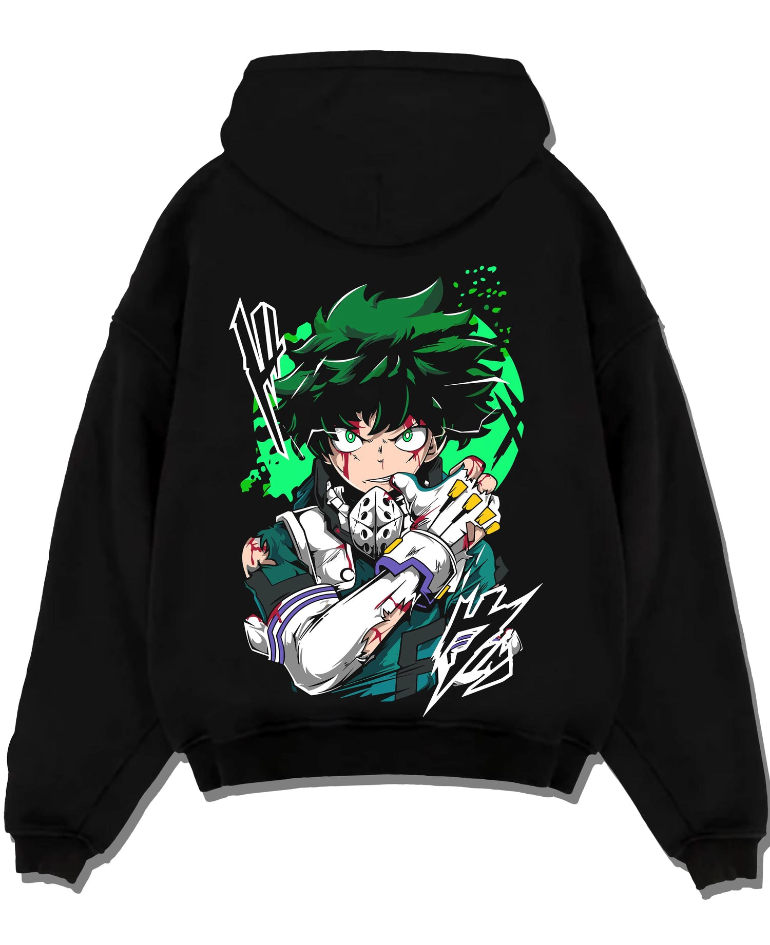 Black pullover hoodie laid flat with My Hero Academia All Might Hoodie Detroit Smash Jumper graphic bold anime graphic.