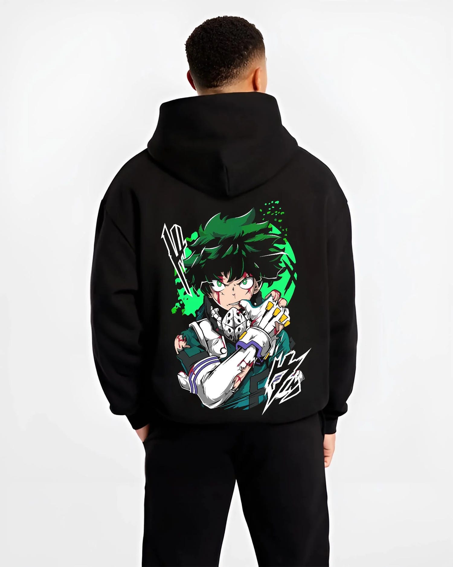 Black hoodie worn by male model, back view with My Hero Academia All Might Hoodie Detroit Smash Jumper graphic streetwear graphic.
