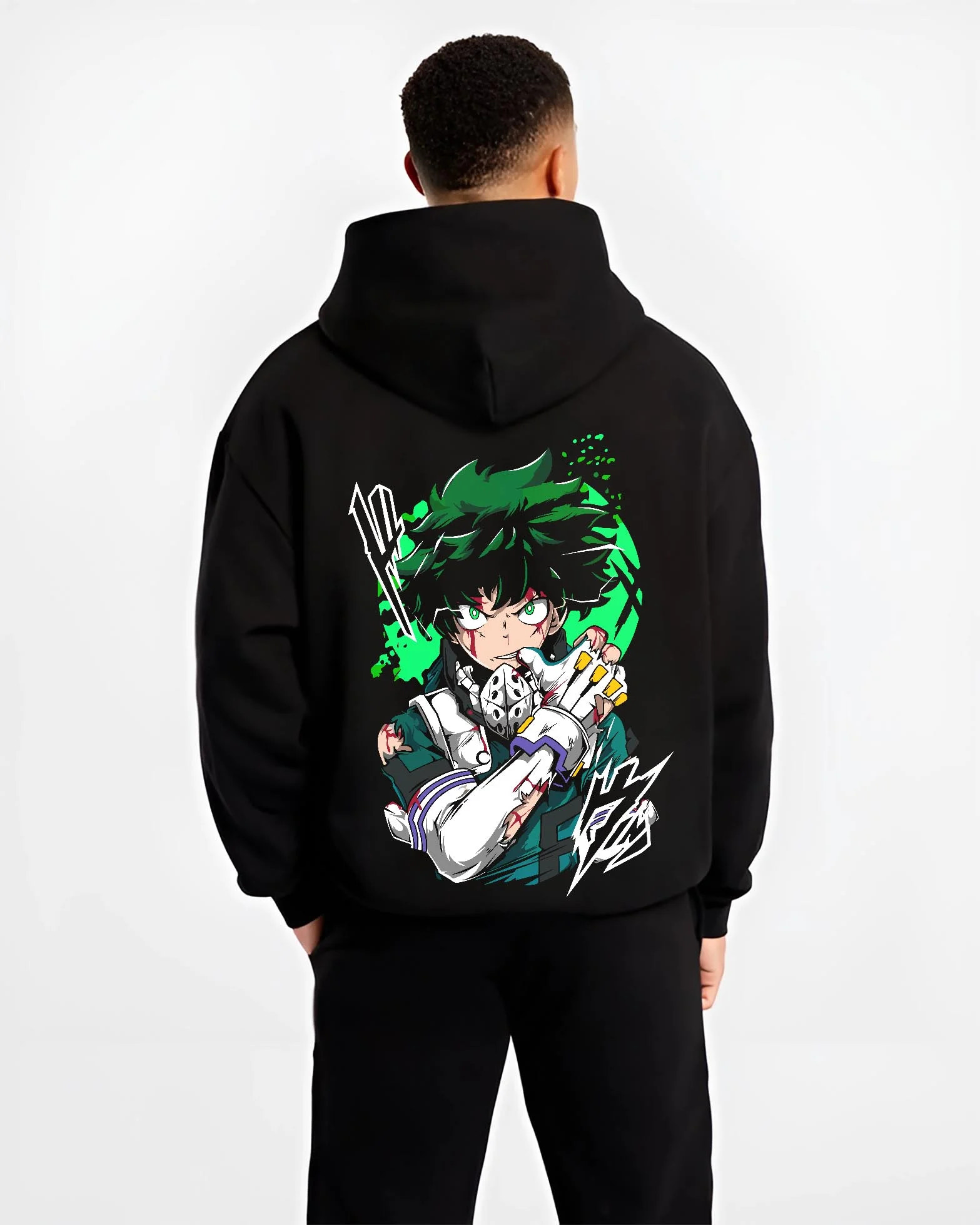Black hoodie worn by male model, back view with My Hero Academia All Might Hoodie Detroit Smash Jumper graphic streetwear graphic.