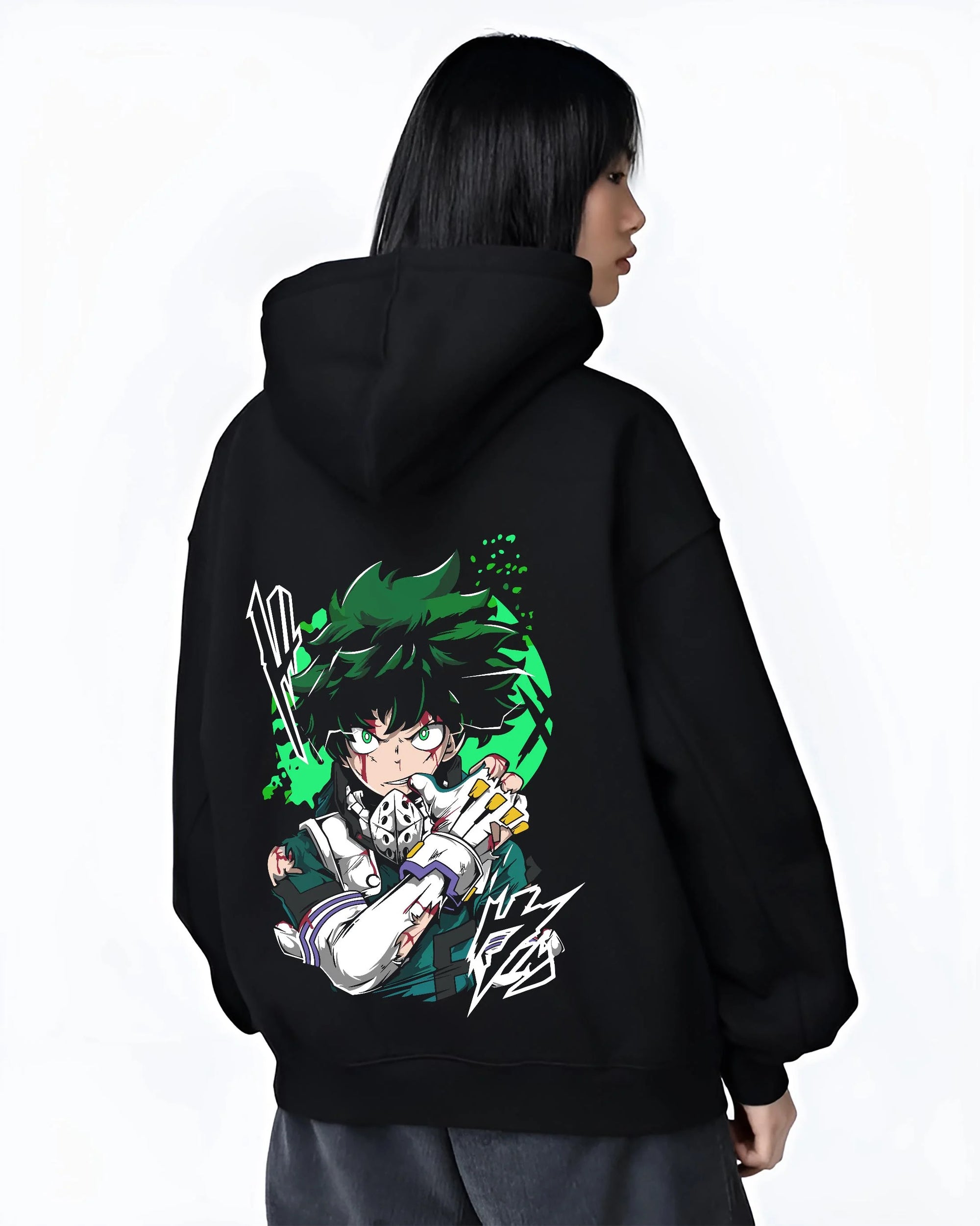 Black hoodie worn by female model, back view with My Hero Academia All Might Hoodie Detroit Smash Jumper graphic bold anime graphic.