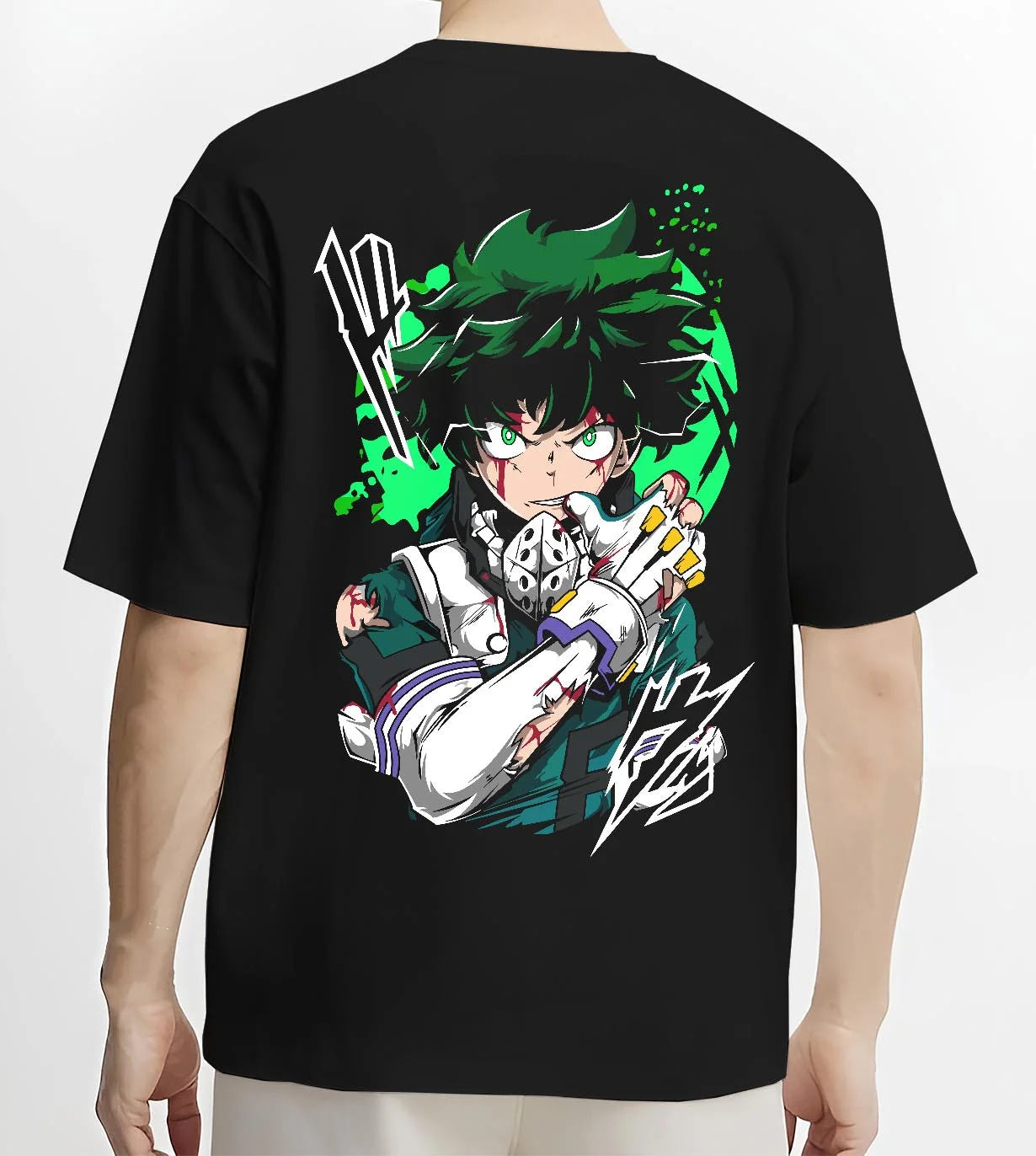 Black T-shirt worn by male model, back view with My Hero Academia All Might Hoodie Detroit Smash Jumper graphic bold anime graphic.