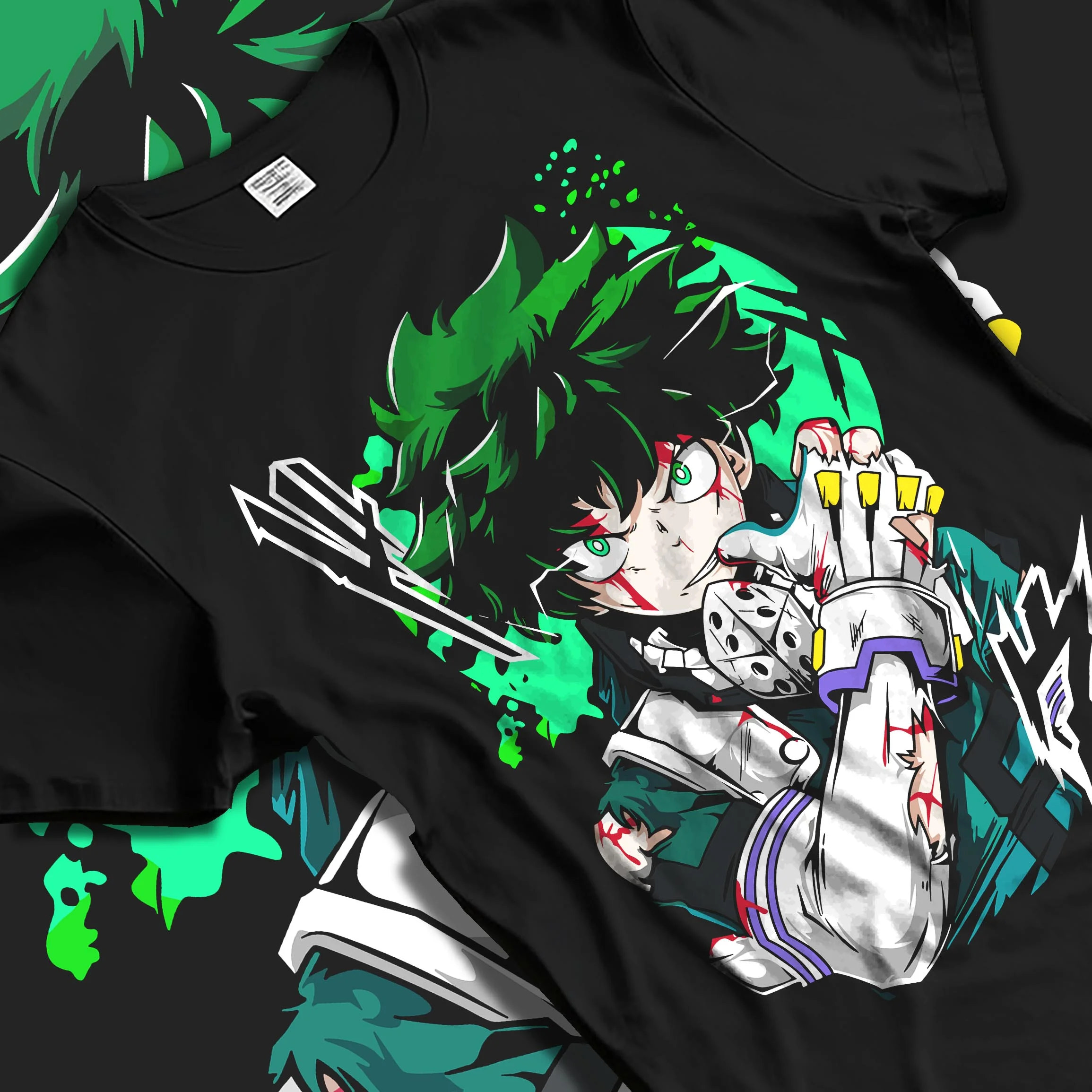 Black T-shirt laid flat with natural folds with My Hero Academia All Might Hoodie Detroit Smash Jumper graphic premium wear.