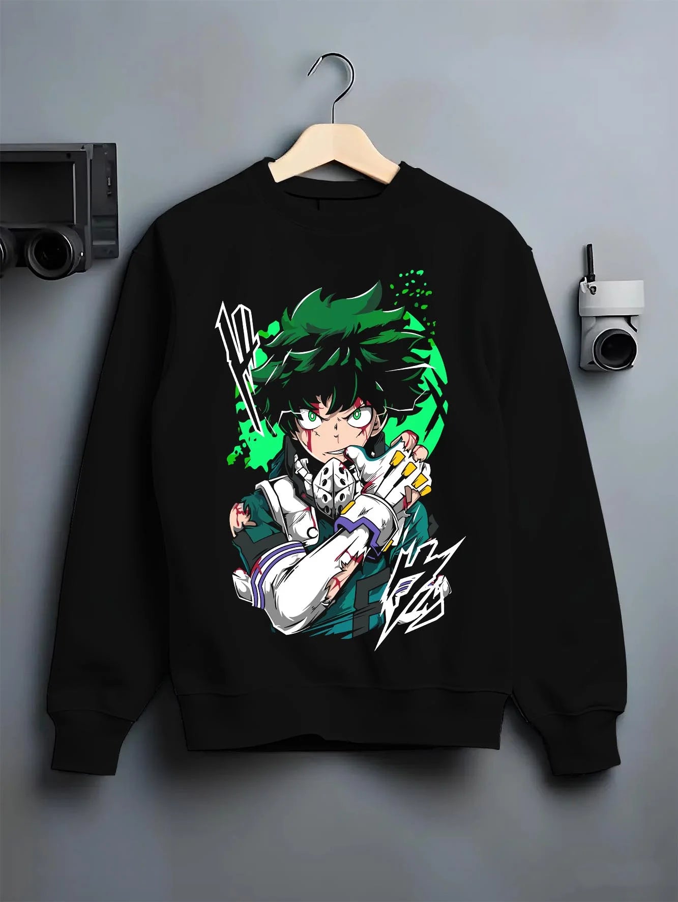 Black crewneck sweatshirt on hanger with My Hero Academia All Might Hoodie Detroit Smash Jumper graphic streetwear graphic.