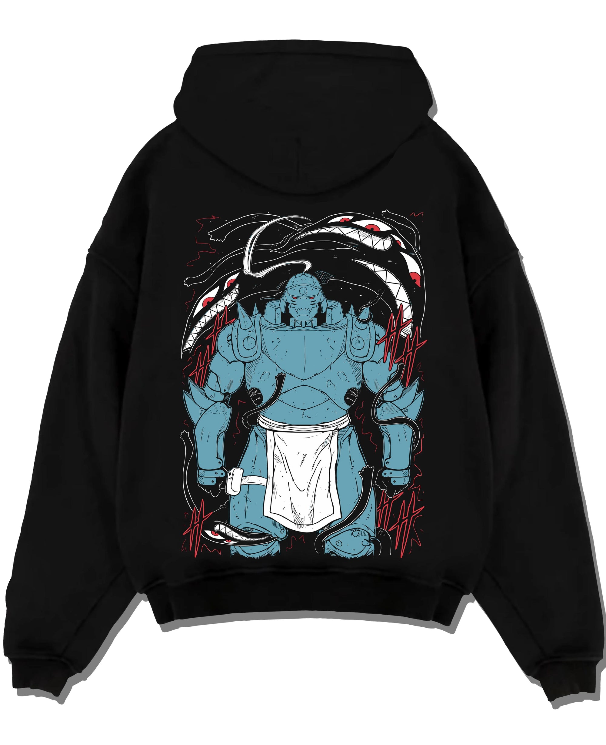 Black pullover hoodie laid flat with Alphonse Hoodie Fullmetal Alchemist Steel Armoured Form graphic streetwear graphic.