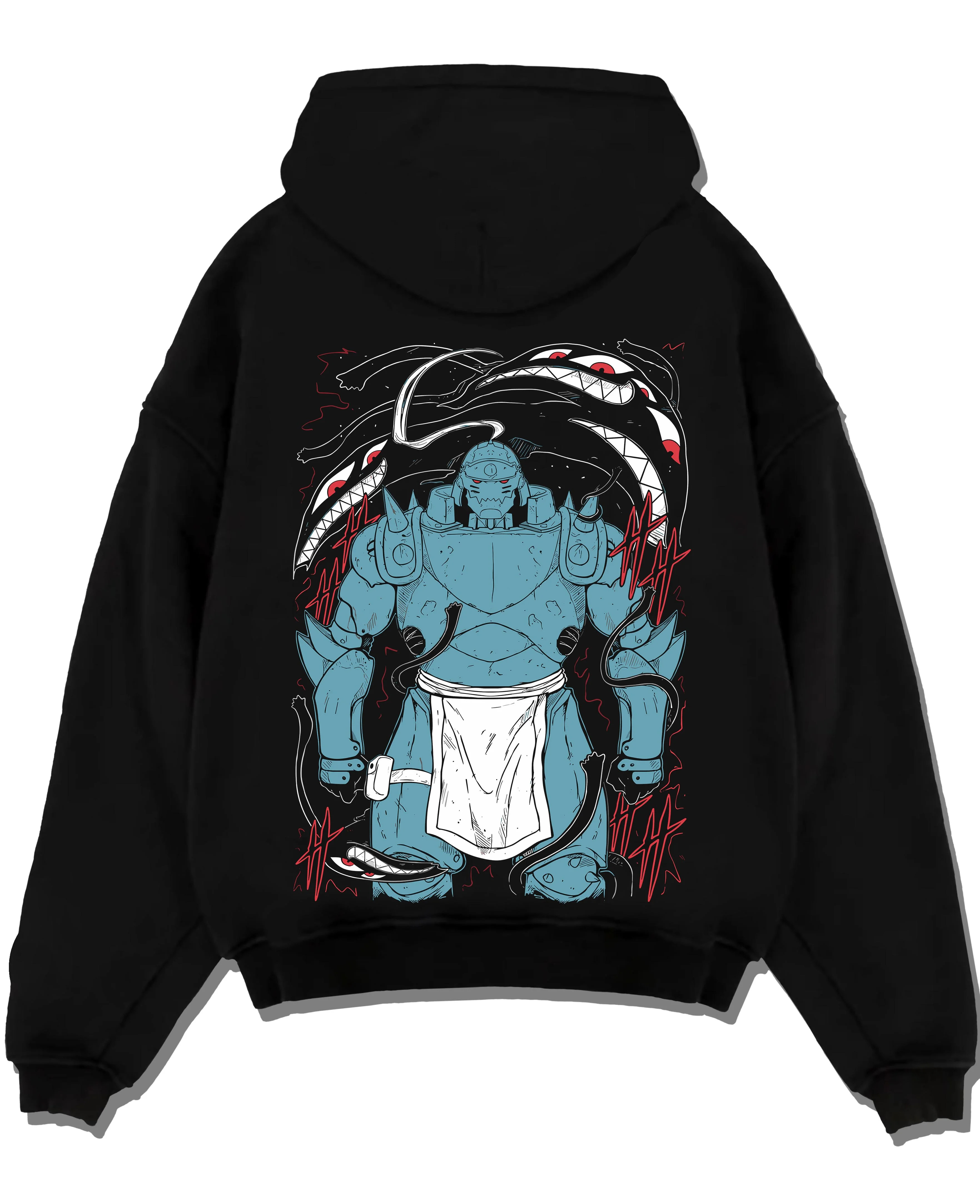 Black pullover hoodie laid flat with Alphonse Hoodie Fullmetal Alchemist Steel Armoured Form graphic streetwear graphic.
