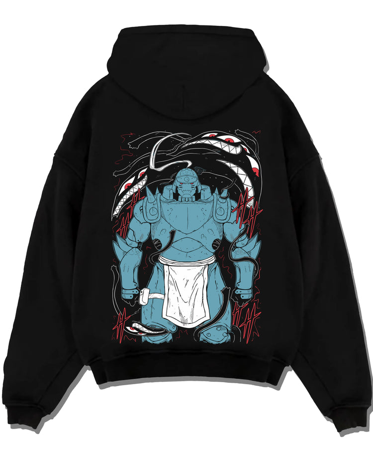 Black pullover hoodie laid flat with Alphonse Hoodie Fullmetal Alchemist Steel Armoured Form graphic streetwear graphic.