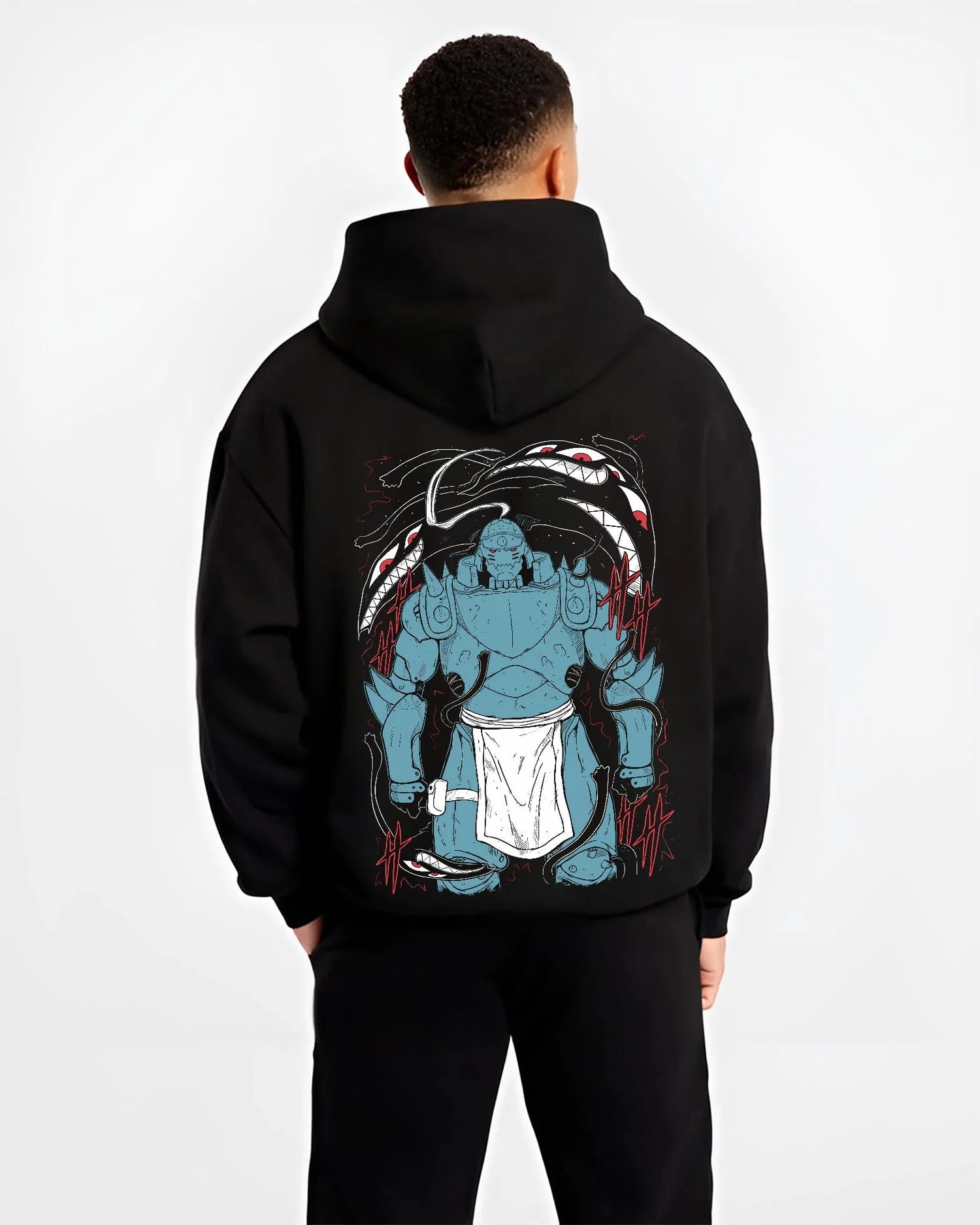 Black hoodie worn by male model, back view with Alphonse Hoodie Fullmetal Alchemist Steel Armoured Form graphic bold anime graphic.