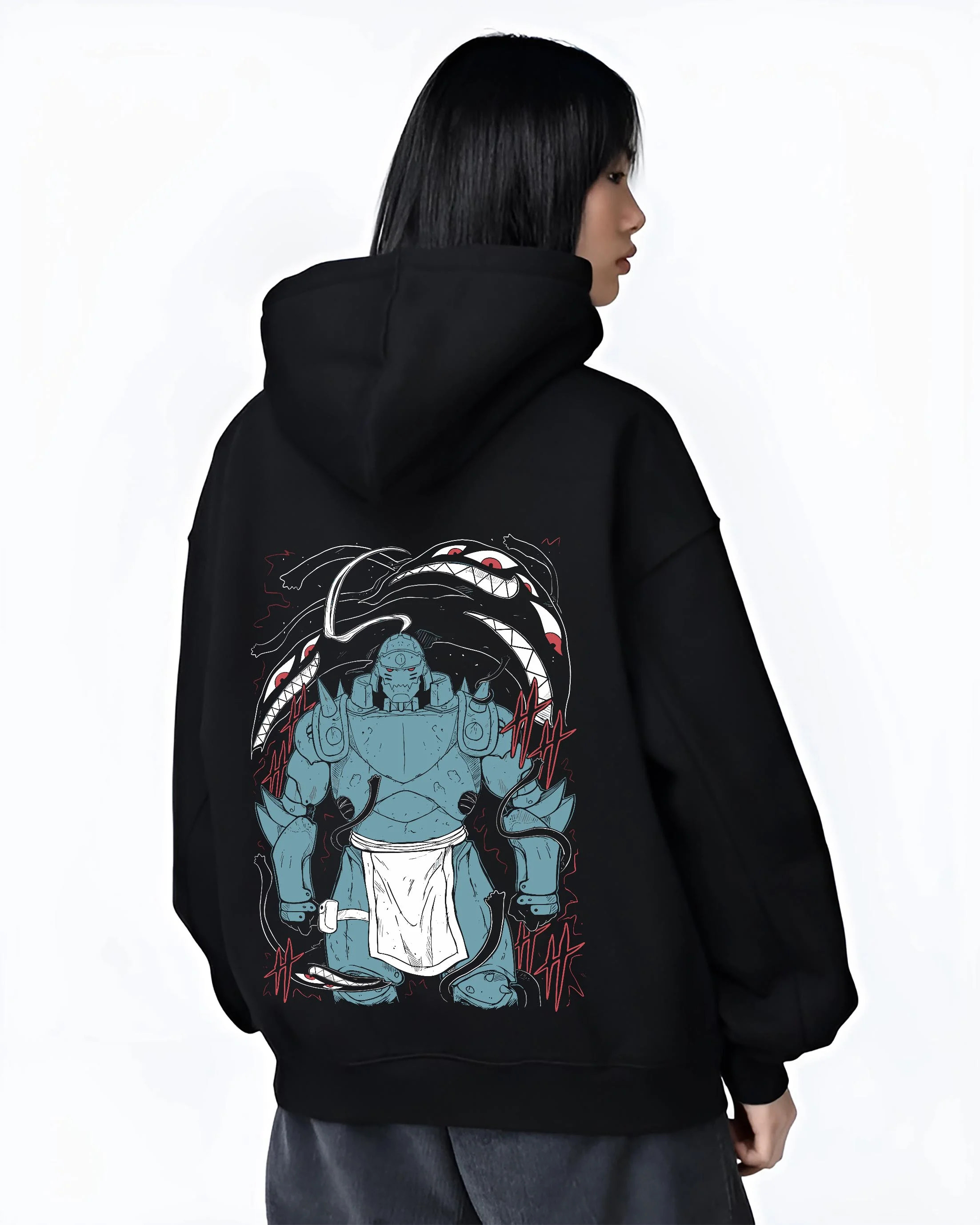 Black hoodie worn by female model, back view with Alphonse Hoodie Fullmetal Alchemist Steel Armoured Form graphic streetwear graphic.