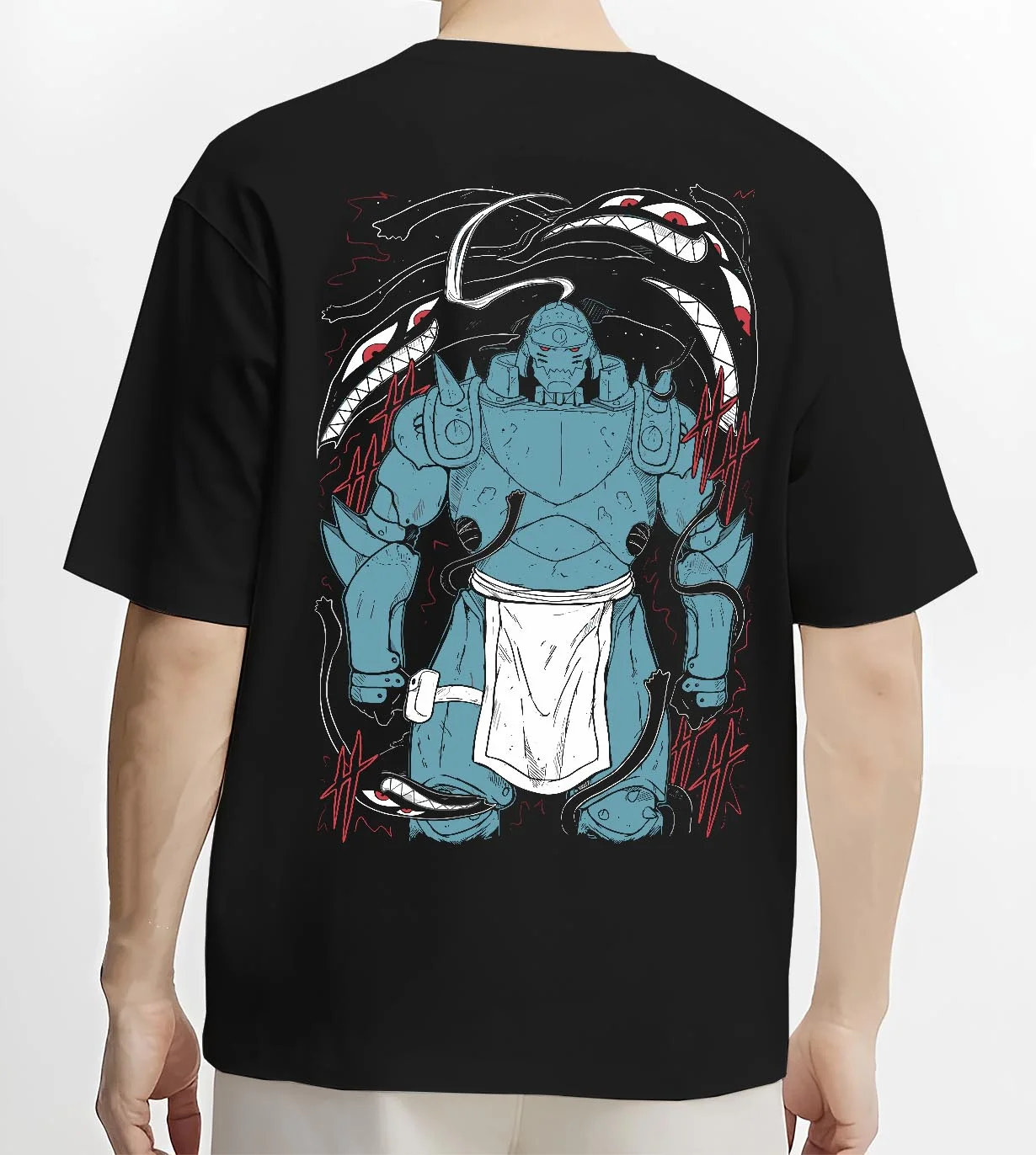 Black T-shirt worn by male model, back view with Alphonse Hoodie Fullmetal Alchemist Steel Armoured Form graphic premium wear.