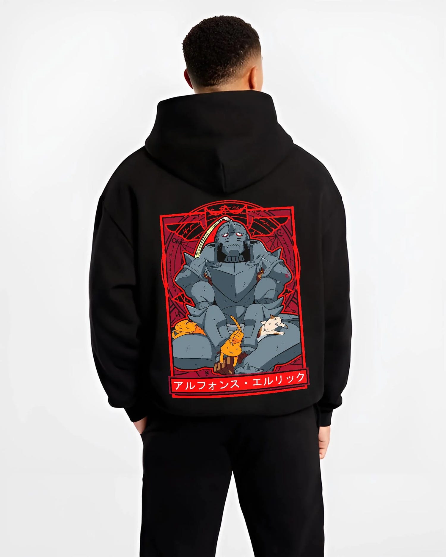 Black hoodie worn by male model, back view with Alphonse Elric Hoodie Fullmetal Alchemist Cat Edition graphic premium wear.