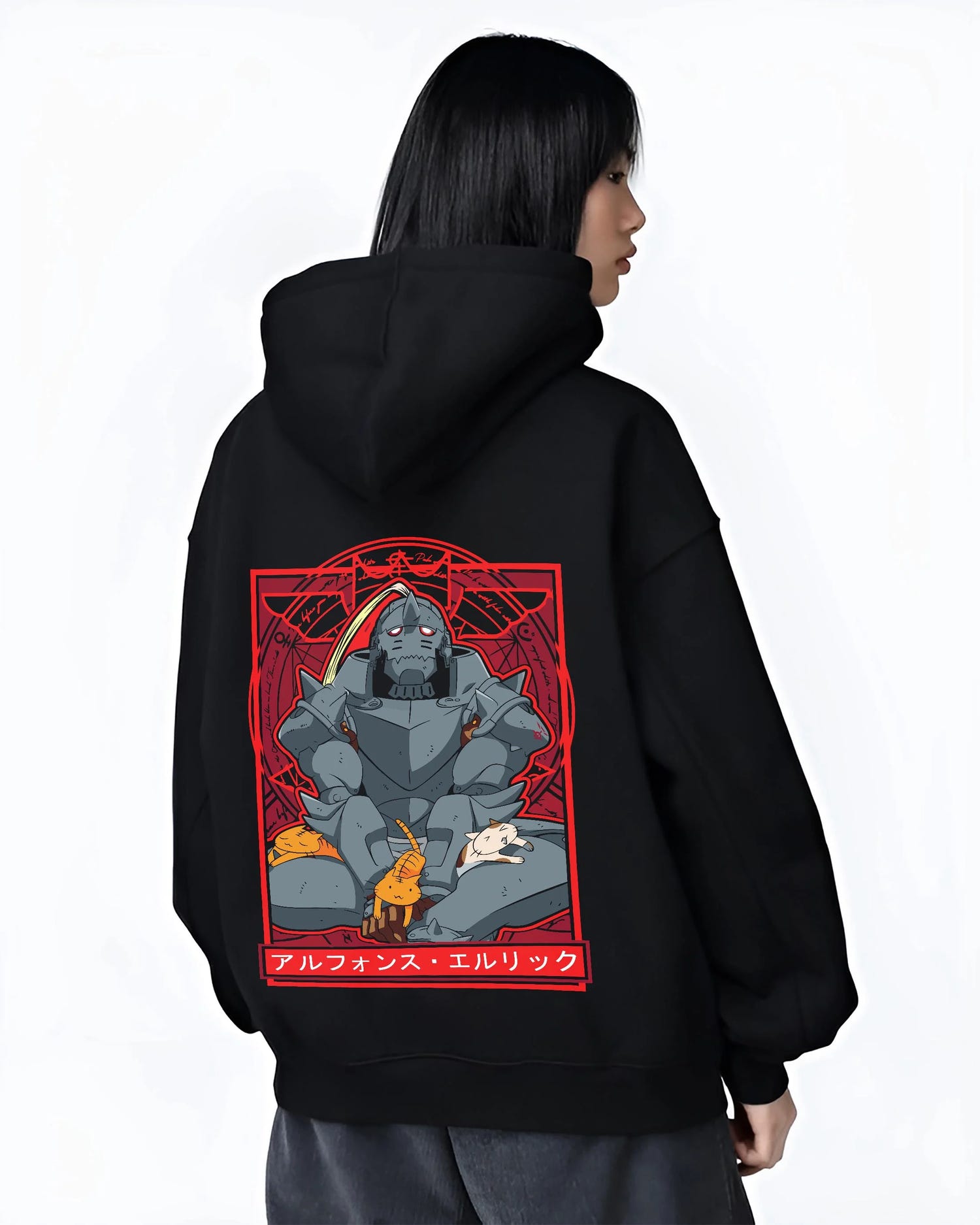 Black hoodie worn by female model, back view with Alphonse Elric Hoodie Fullmetal Alchemist Cat Edition graphic bold anime graphic.