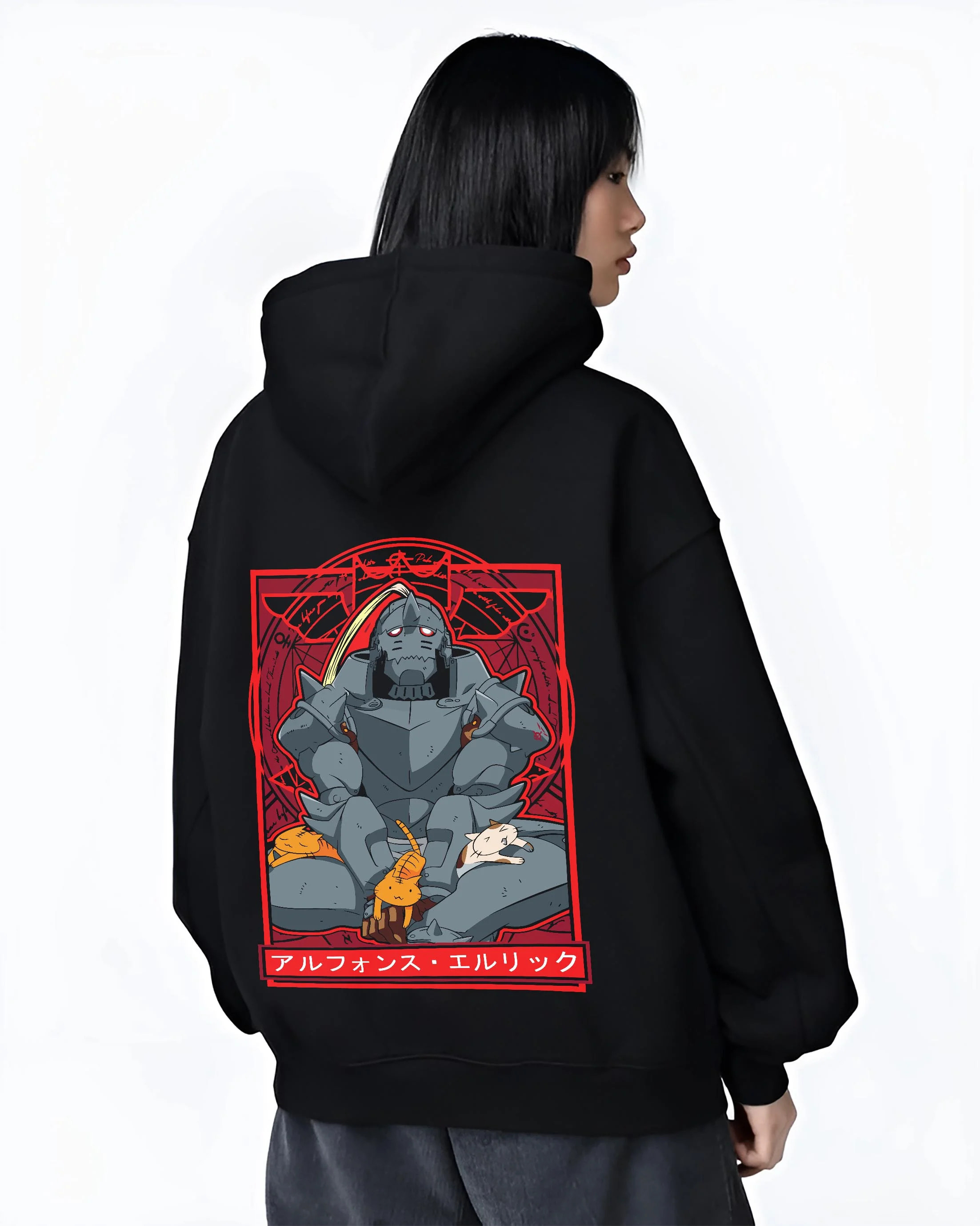 Black hoodie worn by female model, back view with Alphonse Elric Hoodie Fullmetal Alchemist Cat Edition graphic bold anime graphic.