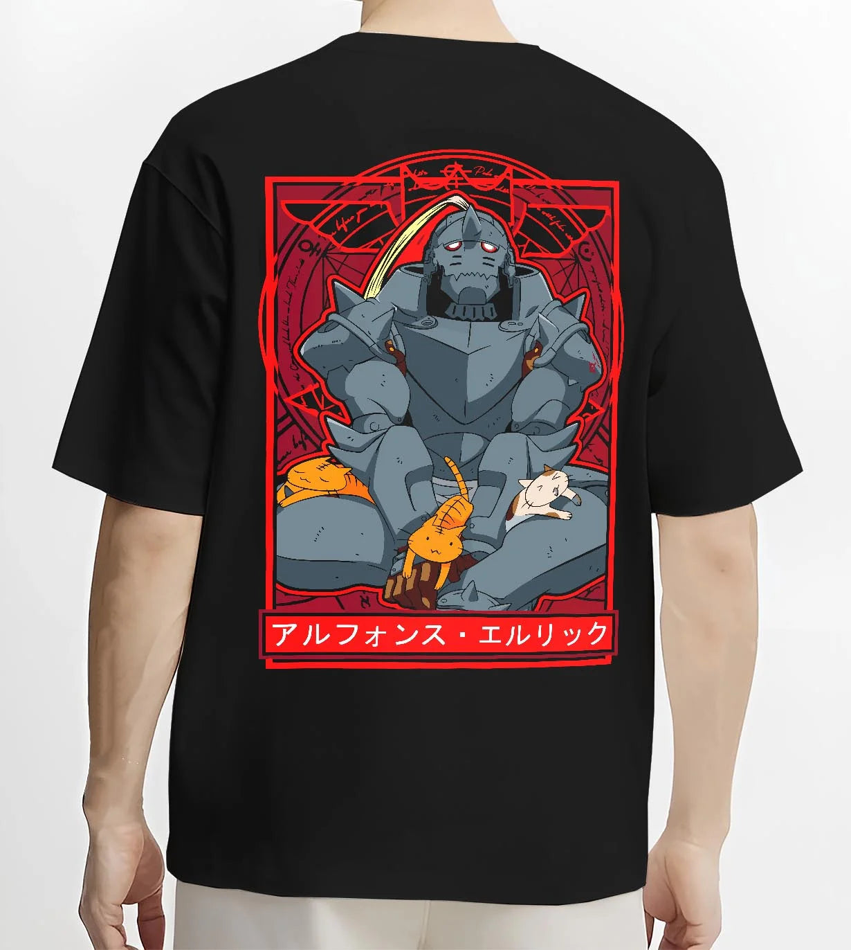 Black T-shirt worn by male model, back view with Alphonse Elric Hoodie Fullmetal Alchemist Cat Edition graphic bold anime graphic.