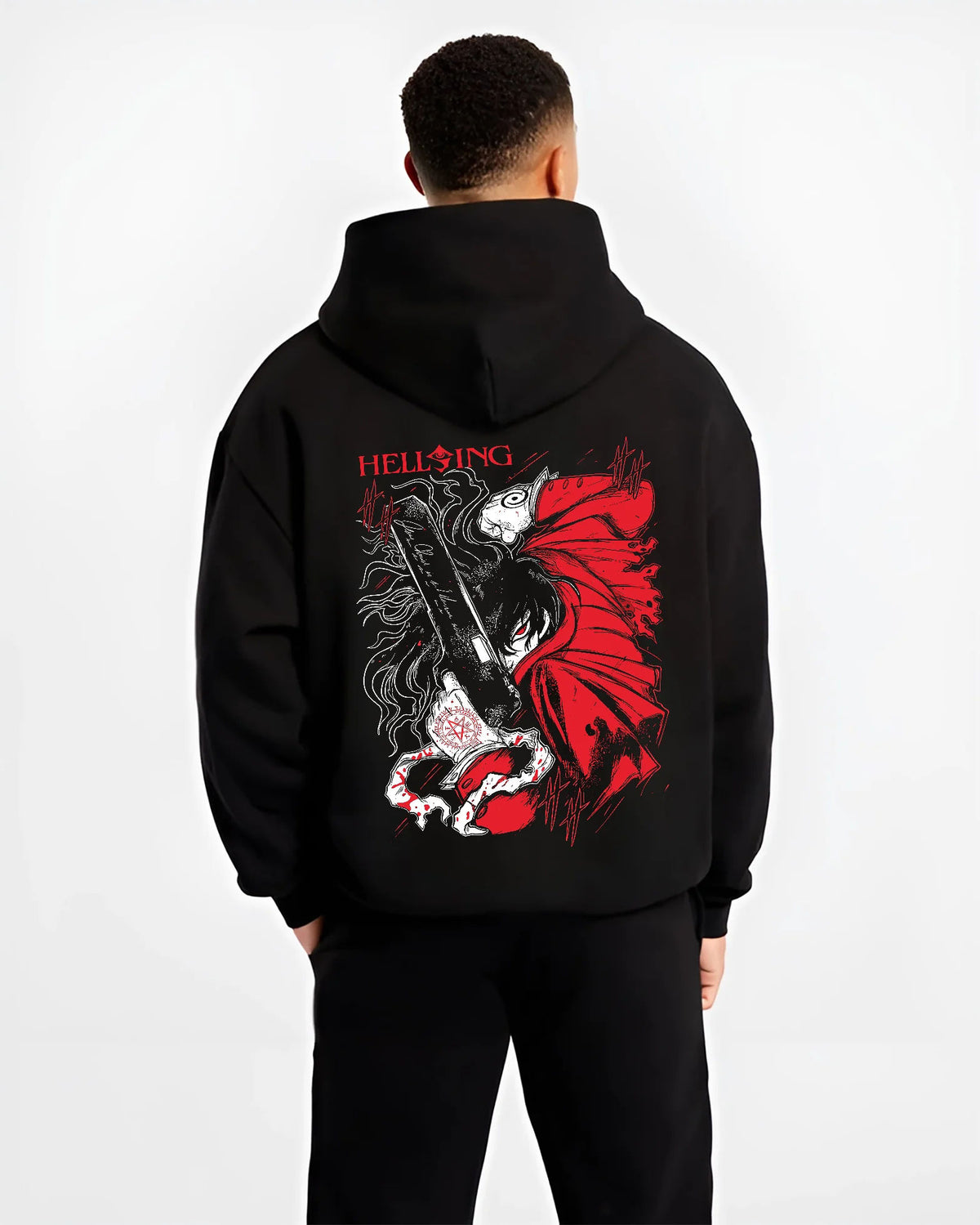 Black hoodie model back view with Alucard from Hellsing illustrated back graphic