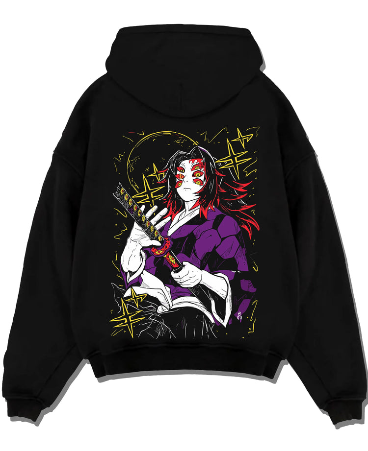 Black pullover hoodie laid flat with Demon Slayer Kokushibo Hoodie Ancient Samurai Jumper graphic premium wear.