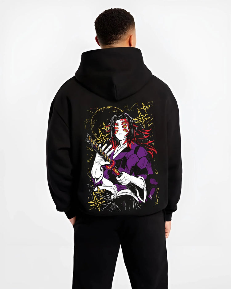 Black hoodie worn by male model, back view with Demon Slayer Kokushibo Hoodie Ancient Samurai Jumper graphic premium wear.